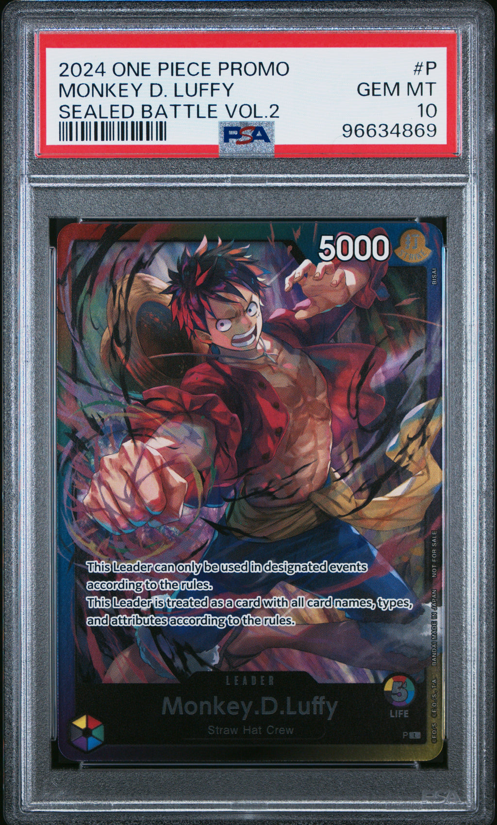 2024 One Piece Monkey D. Luffy Sealed Battle Vol. 2 Promo – PSA 10 — PSA cert 96634869 — front