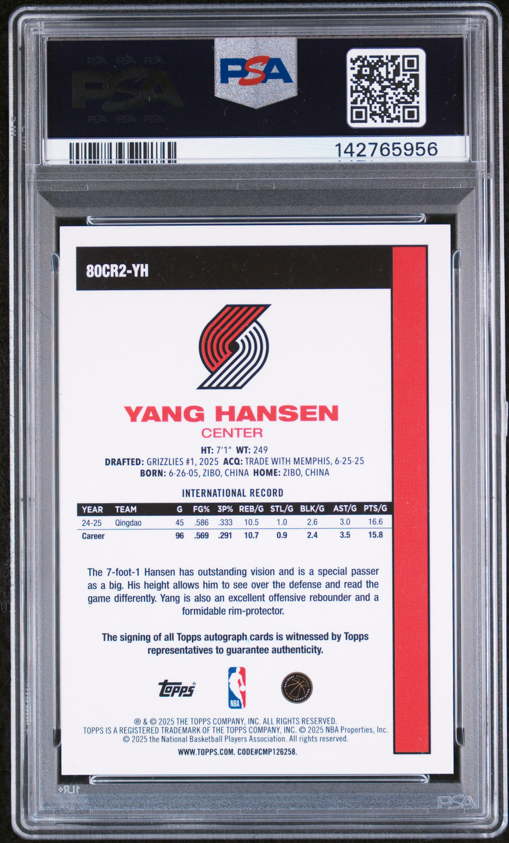 2025 Topps Silver Pack 1980-81 Topps Chrome Basketball Rookie Autographs Yang Hansen #YH — PSA 10 / Auto 10 — back