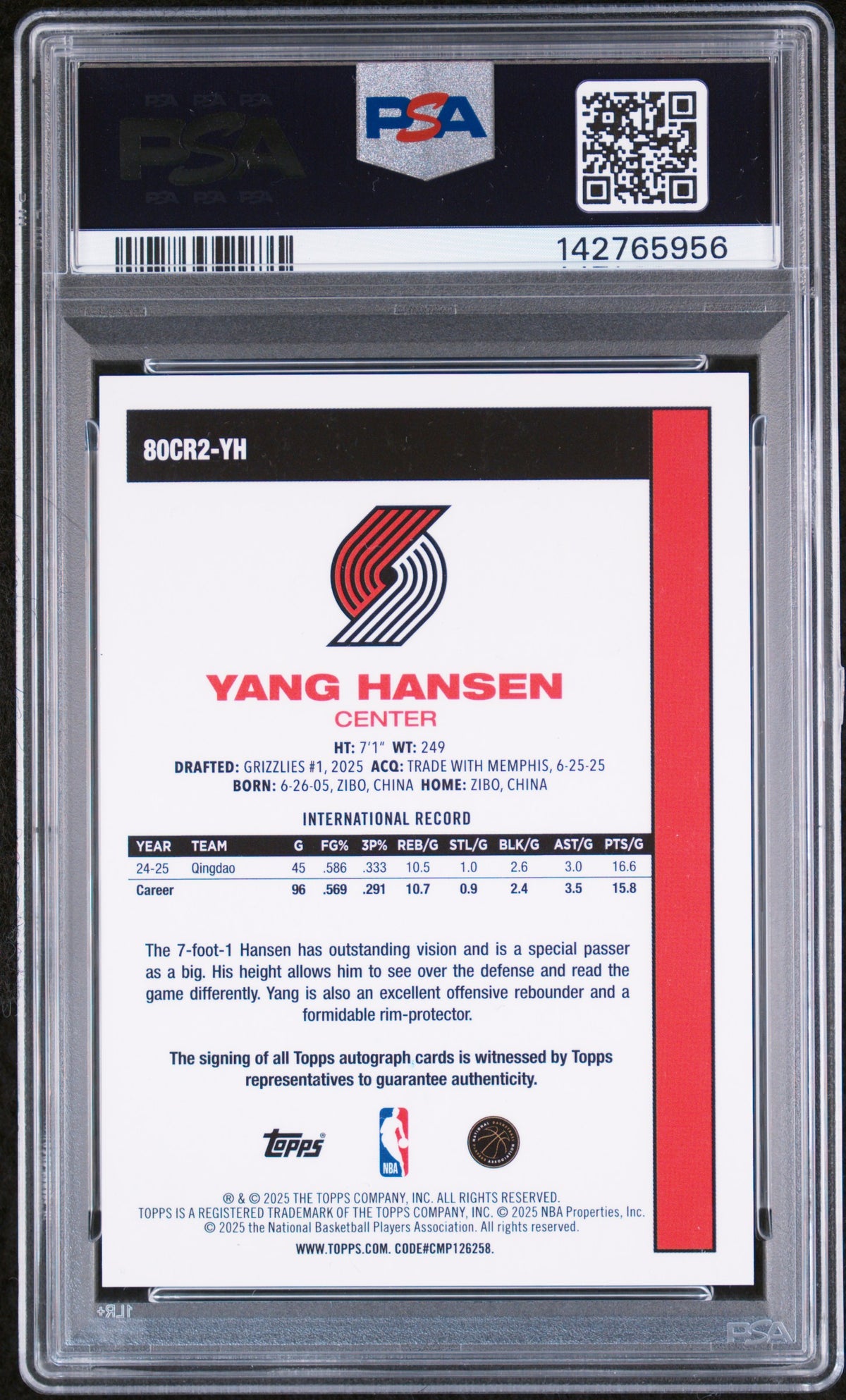 2025 Topps Silver Pack 1980-81 Topps Chrome Basketball Rookie Autographs Yang Hansen #YH — PSA 10 / Auto 10 — back