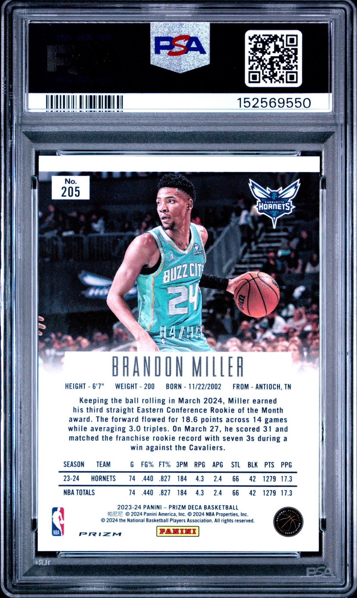 2023 Panini Prizm Deca Brandon Miller Purple Prizm #205 — PSA 9 — back