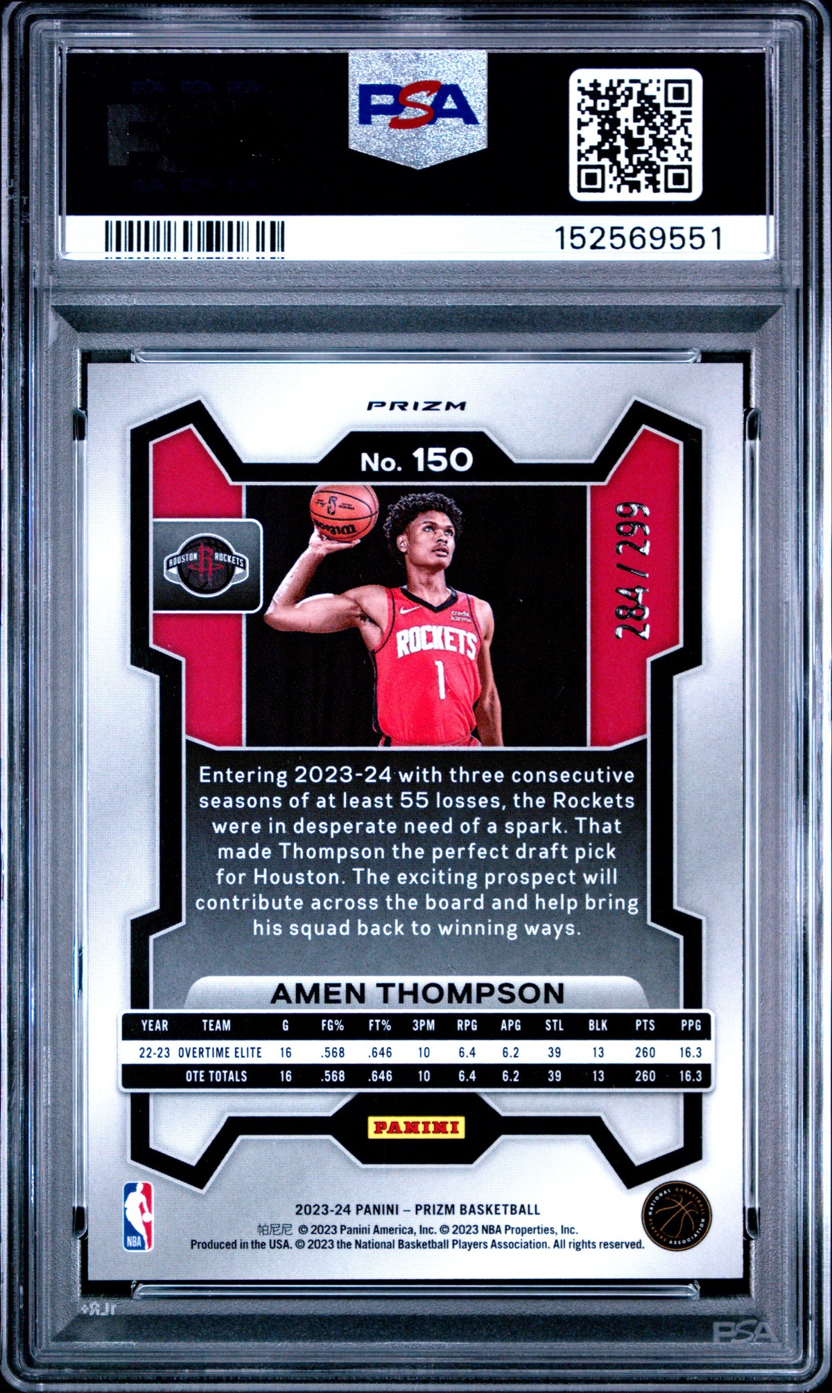 2023 Panini Prizm Amen Thompson Red Prizm #150 — PSA 9 — back
