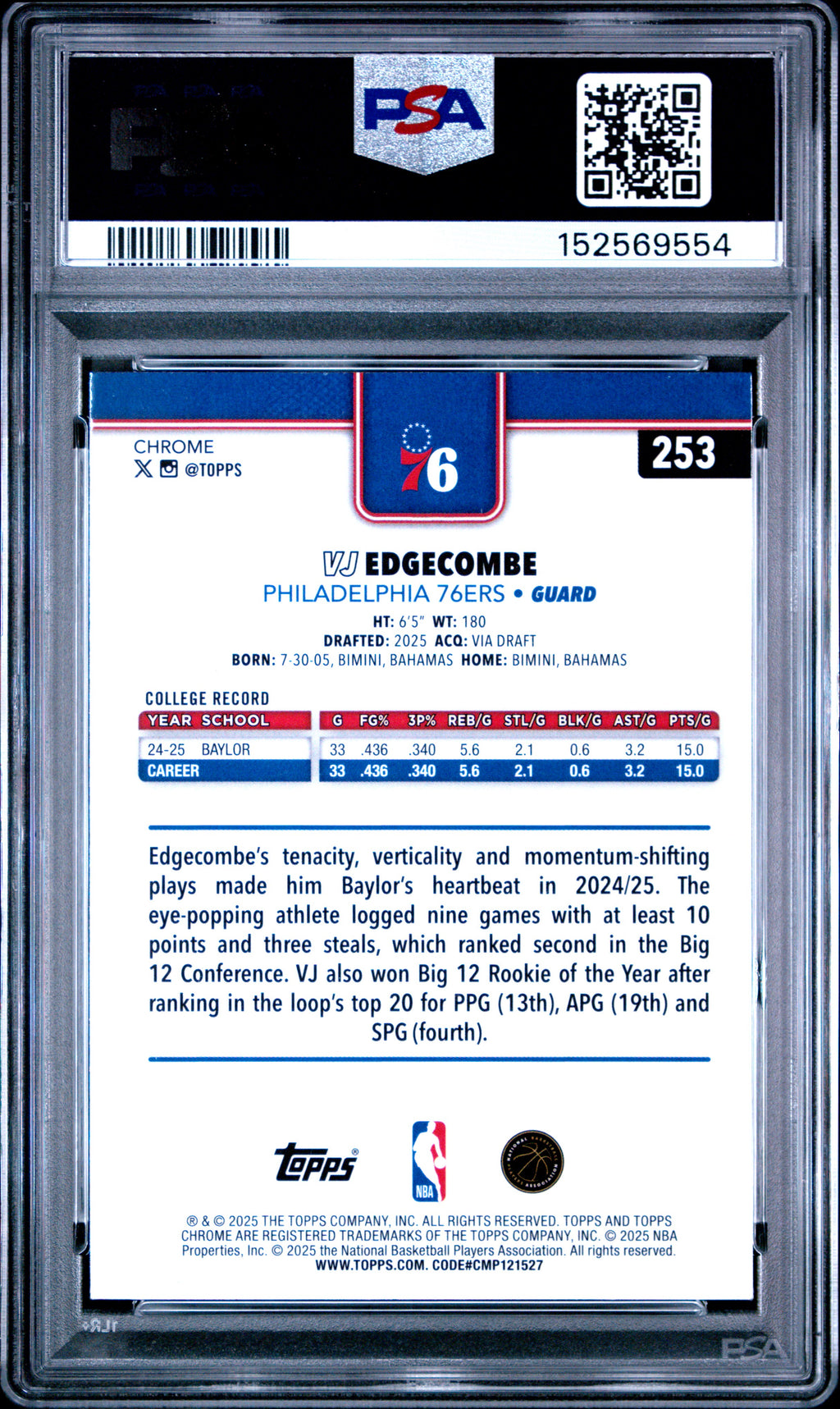 2025 Topps Chrome VJ Edgecombe Pulsar #253 — PSA 10 — back