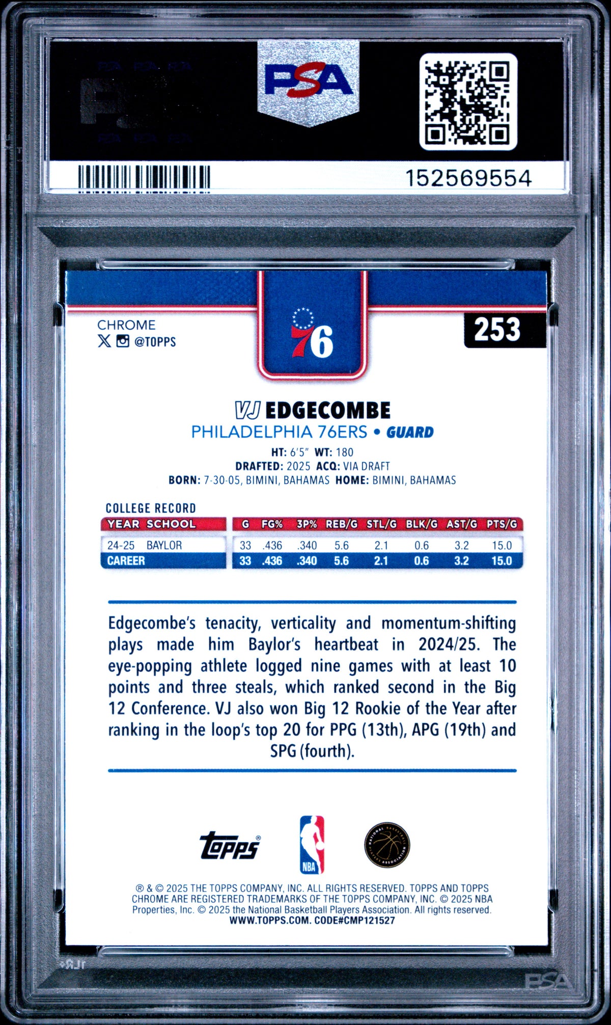 2025 Topps Chrome VJ Edgecombe Pulsar #253 — PSA 10 — back