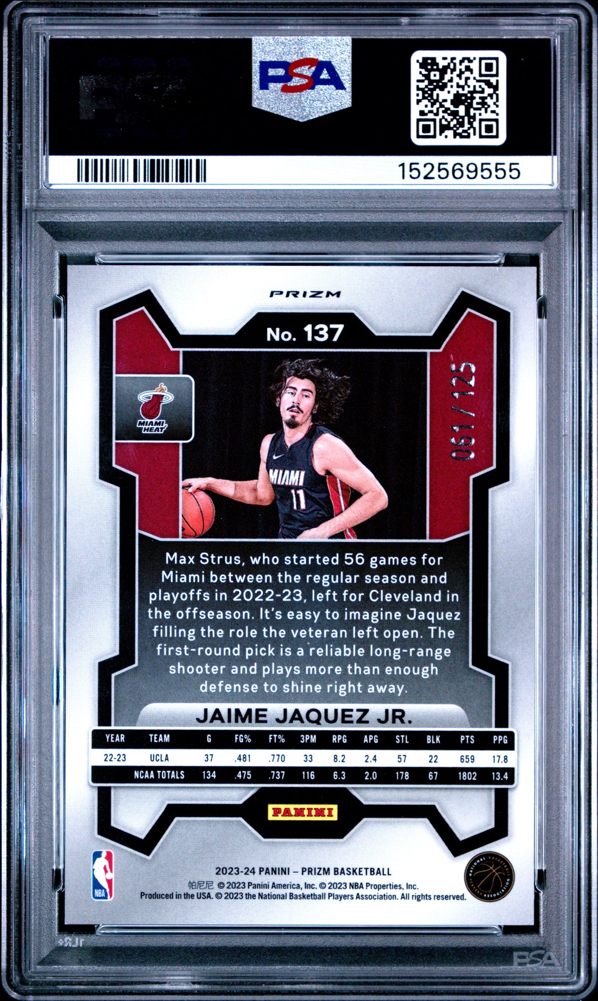 2023 Panini Prizm Jaime Jaquez Jr. Blue Ice #137 — PSA 10 — back