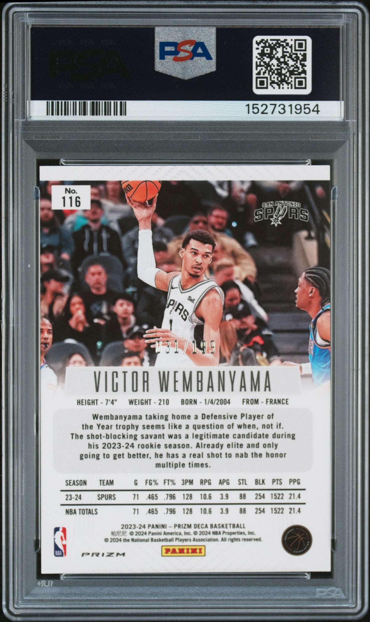 2023 Panini Prizm Deca Victor Wembanyama Red Prizm #116 — PSA 8 — back
