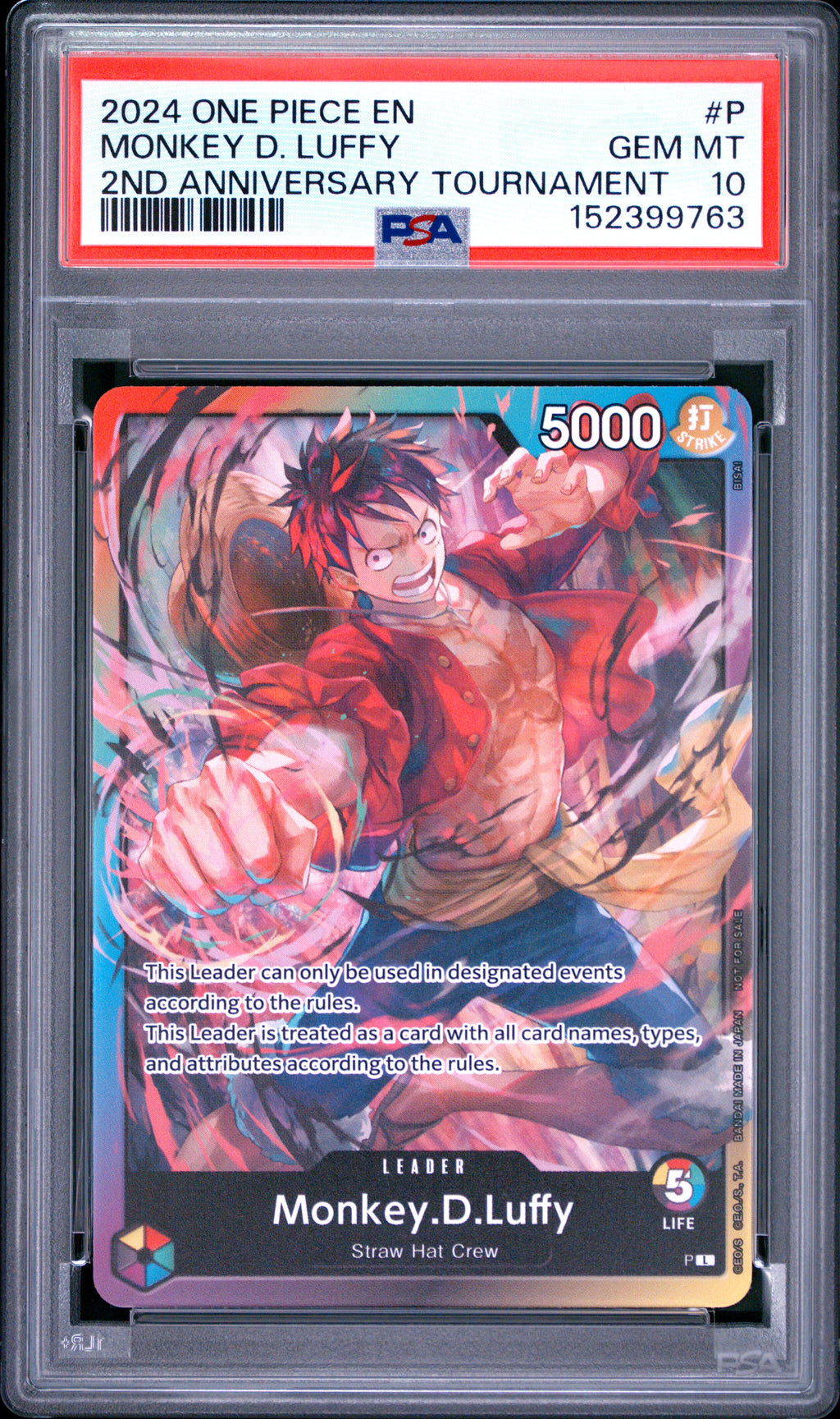 2024 One Piece Promos Monkey D. Luffy 2nd Anniversary Tournament — PSA 10 — front