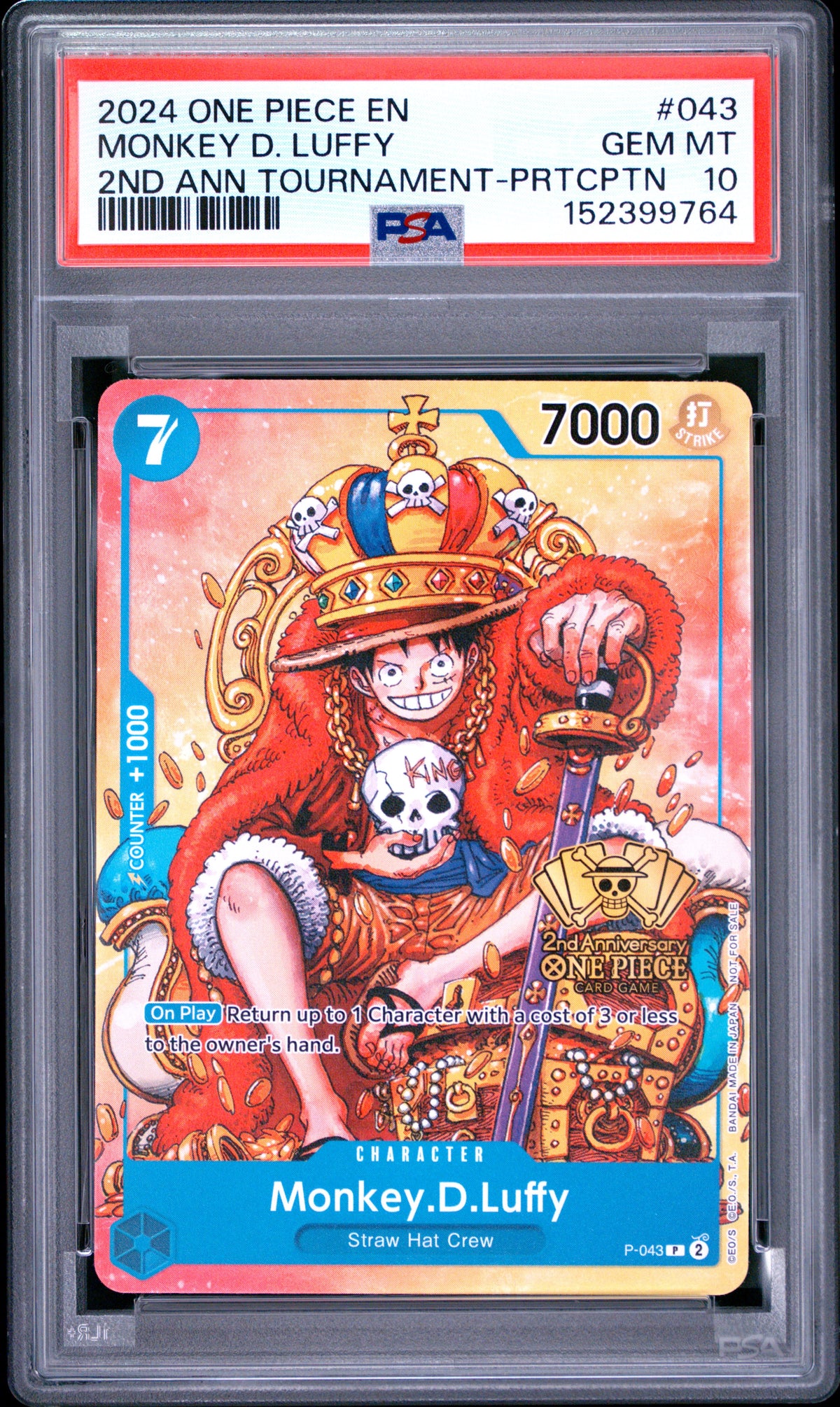 2024 One Piece Promos Monkey D. Luffy #043 2nd Anniversary Tournament Participation — PSA 10 — front