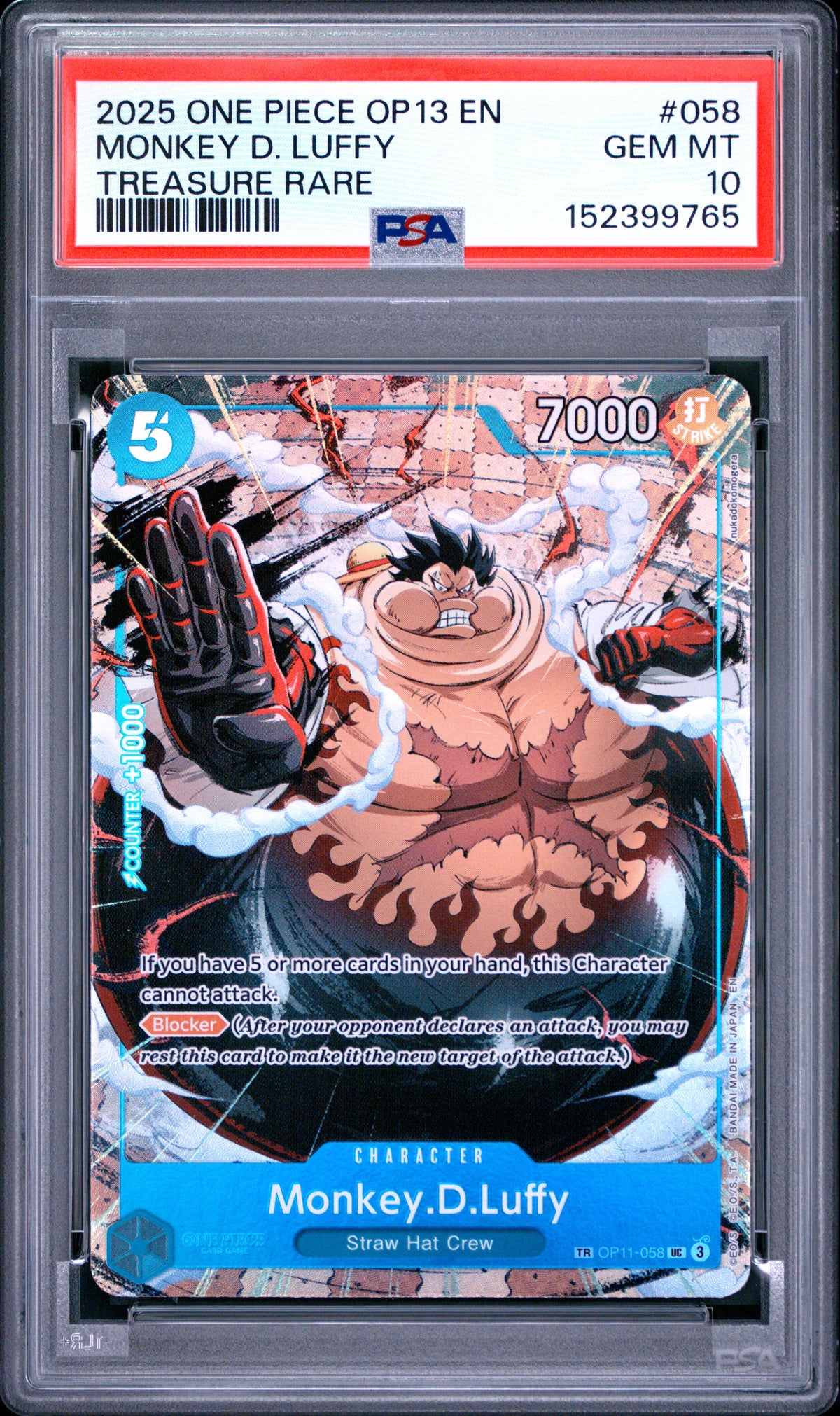 2025 One Piece OP13 Carrying on His Will Monkey D. Luffy #058 Treasure Rare — PSA 10 — front