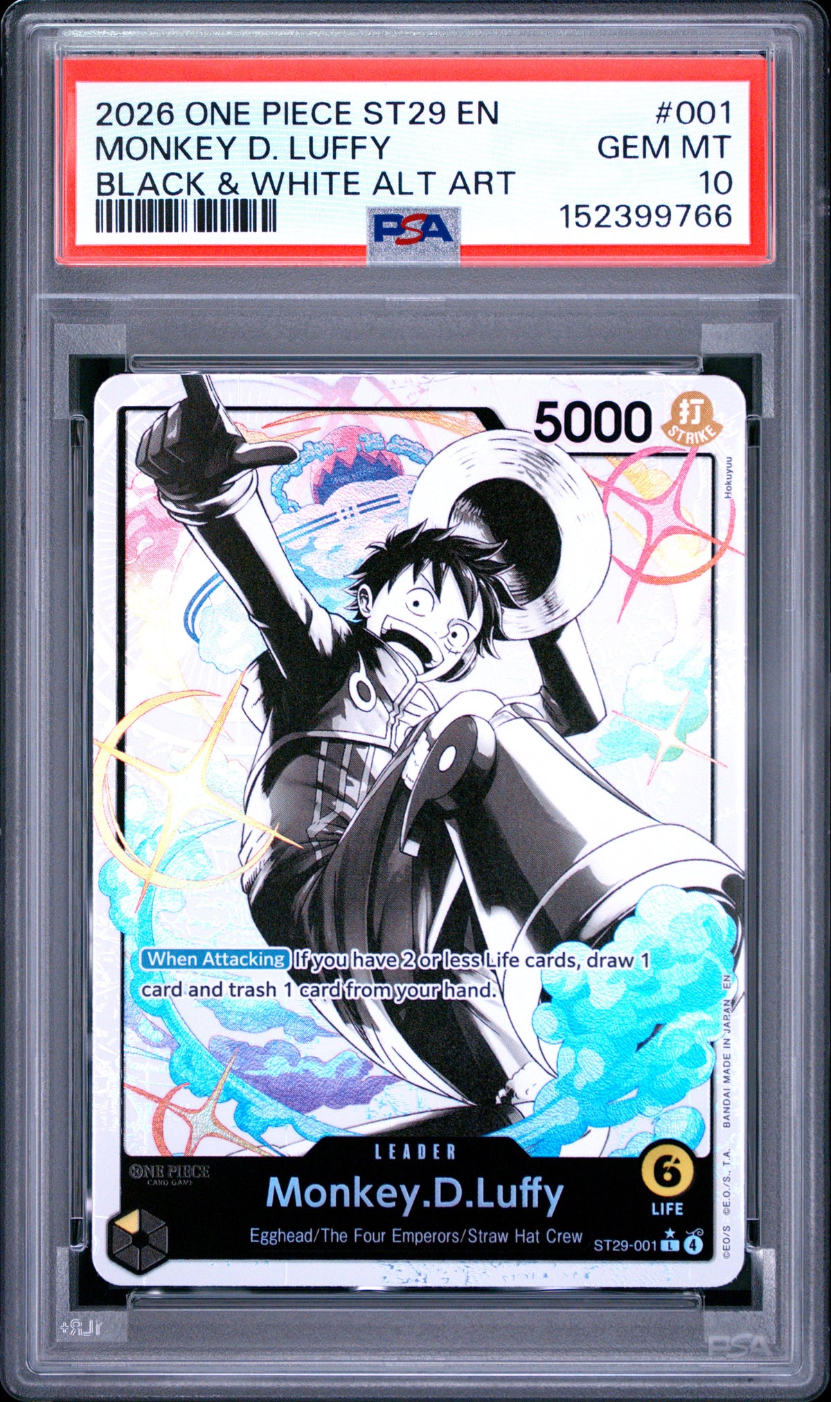 2026 One Piece ST29 Egghead Monkey D. Luffy #001 Black & White Alternate Art — PSA 10 — front