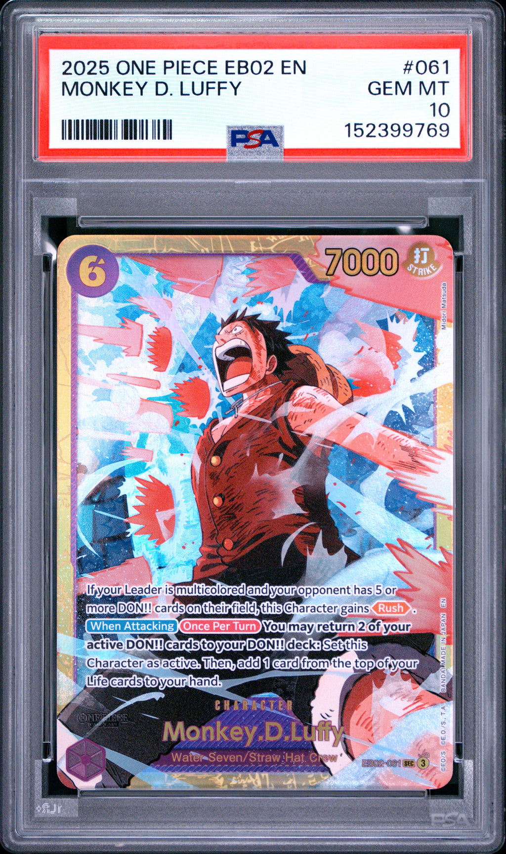 2025 One Piece EB02 Anime 25th Collection Monkey D. Luffy #061 — PSA 10 — front