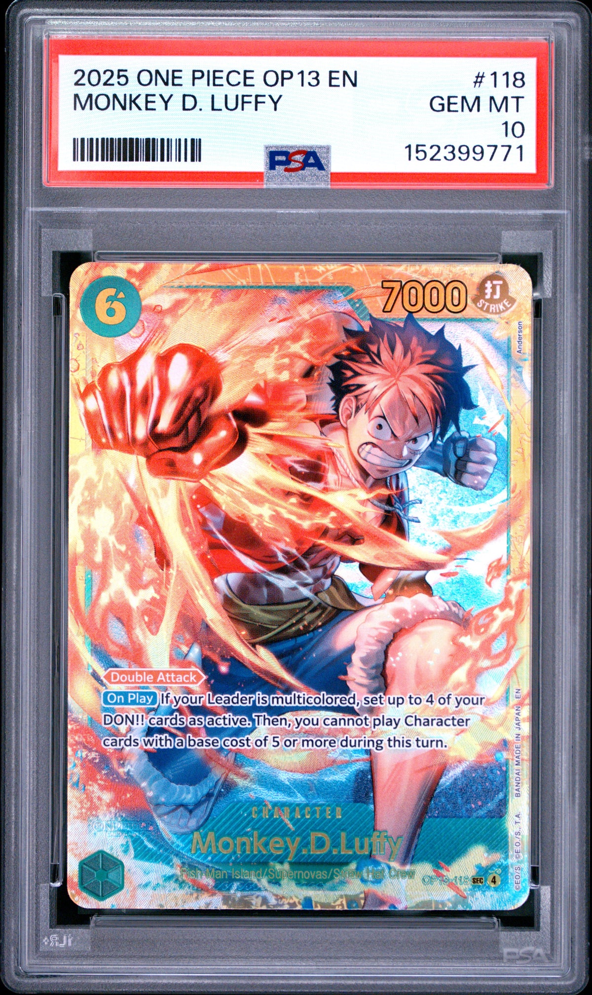 2025 One Piece OP13 Carrying on His Will Monkey D. Luffy #118 — PSA 10 — front