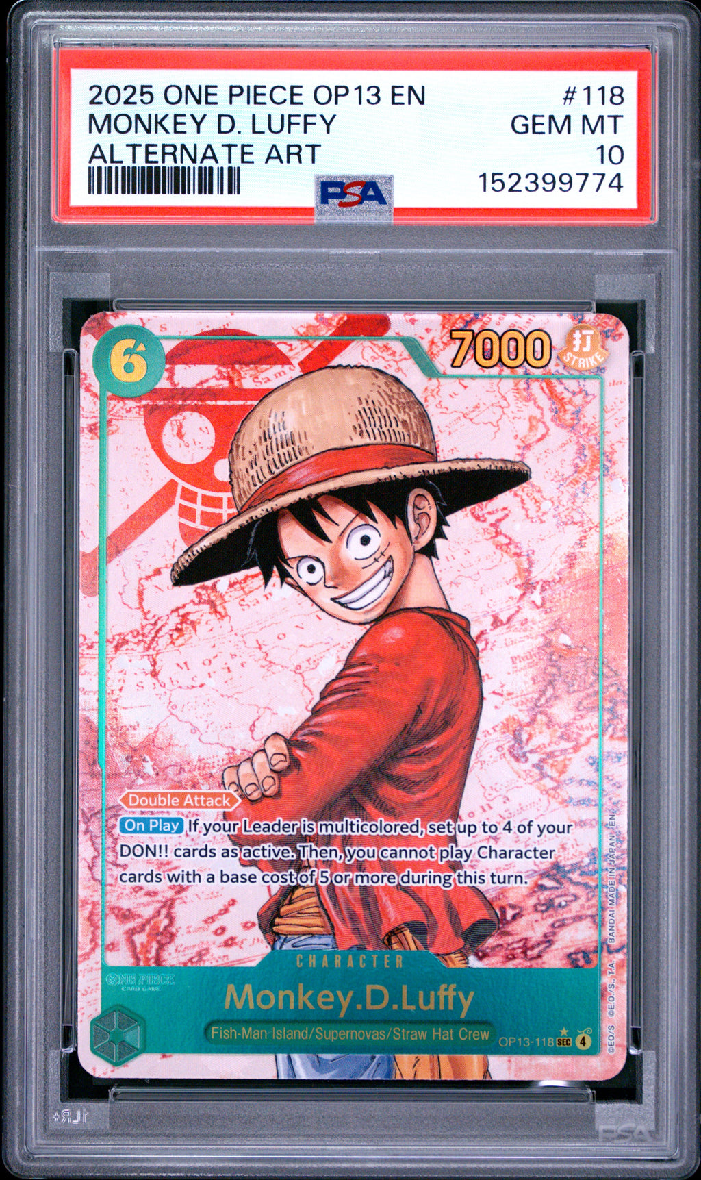 2025 One Piece OP13 Carrying on His Will Monkey D. Luffy #118 Alternate Art — PSA 10 — front