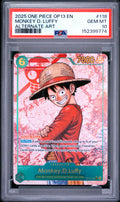 2025 One Piece OP13 Carrying on His Will Monkey D. Luffy #118 Alternate Art — PSA 10 — front