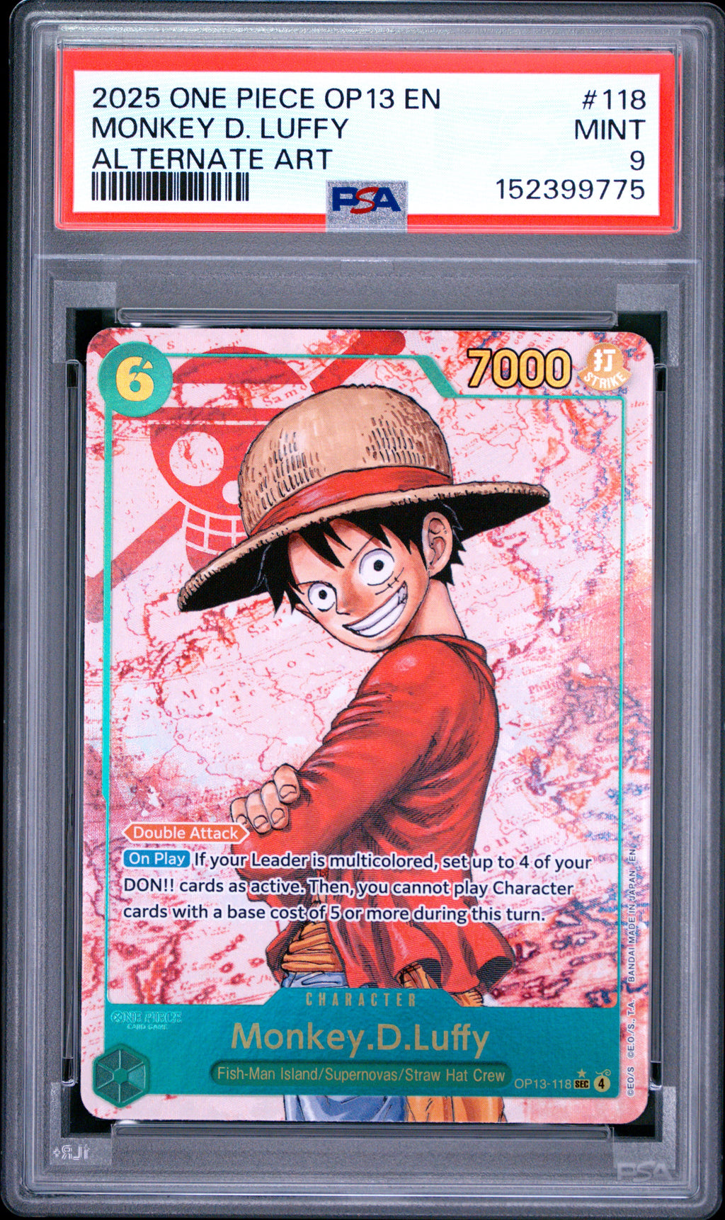 2025 One Piece OP13 Carrying on His Will Monkey D. Luffy #118 Alternate Art — PSA 9 — front