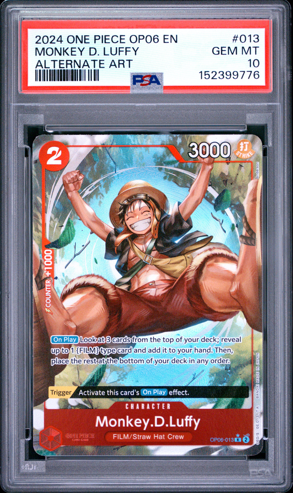 2024 One Piece OP06 Wings of the Captain Monkey D. Luffy #013 Alternate Art — PSA 10 — front
