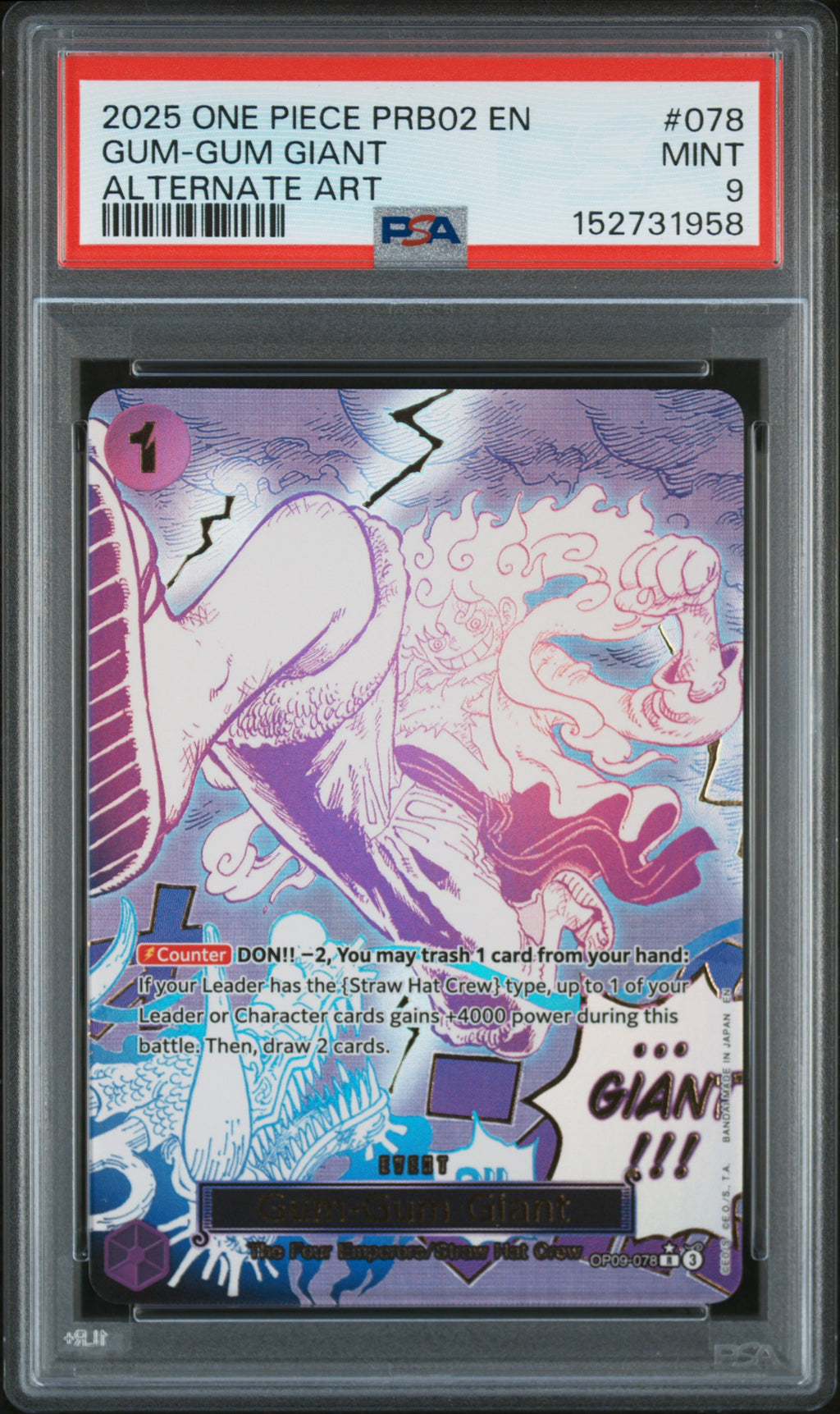 2025 One Piece PRB02 One Piece Card the Best Vol.2 Gum-Gum Giant #078 Alternate Art — PSA 9 — front