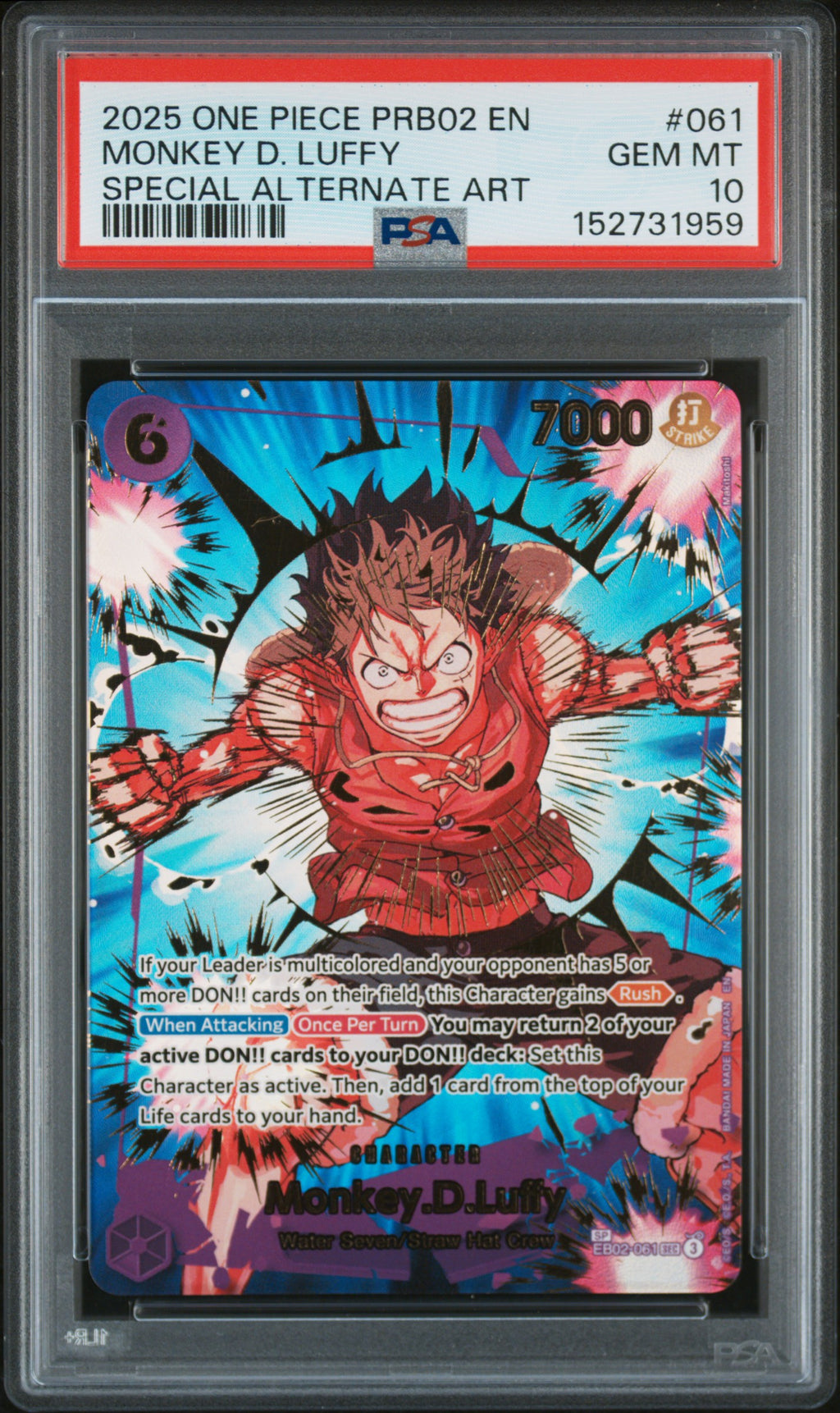 2025 One Piece PRB02 One Piece Card the Best Vol.2 Monkey D. Luffy #061 Special Alternate Art — PSA 10 — front