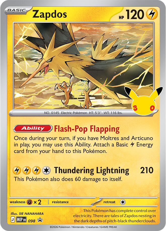 17 Zapdos - 098 (30th Celebration) 098 | Mega Evolution Promos - Zapdos - 098 (30th Celebration) 098, catalogue image — PR Section 1A