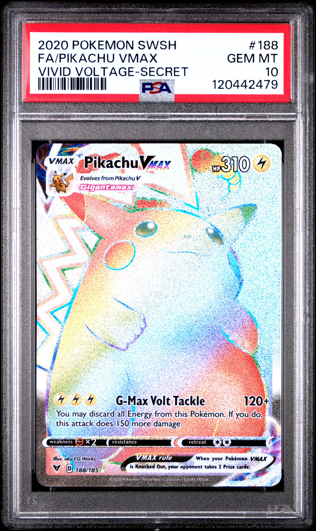 2020 Pokémon Sword & Shield VIVID Voltage Full Art / Pikachu VMAX Secret #188 — PSA 10 — cert 120442479 — front