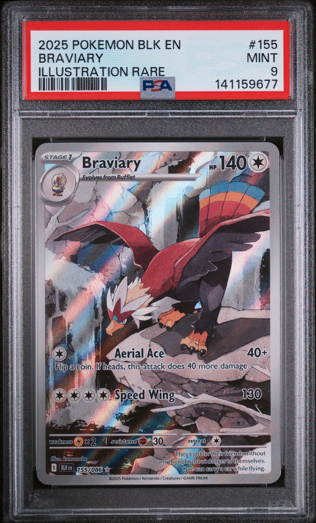 2025 Pokémon Black Bolt Braviary Illustration Rare #155 — PSA 9 — cert 141159677 — front
