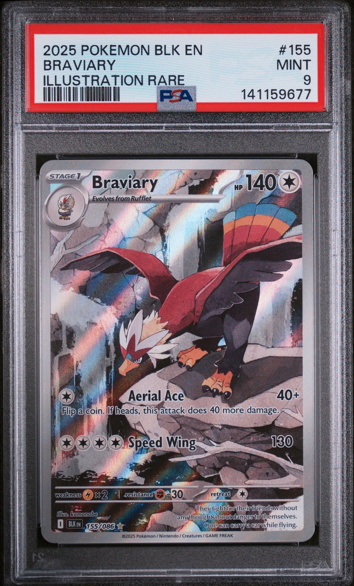2025 Pokémon Black Bolt Braviary Illustration Rare #155 — PSA 9 — cert 141159677 — front