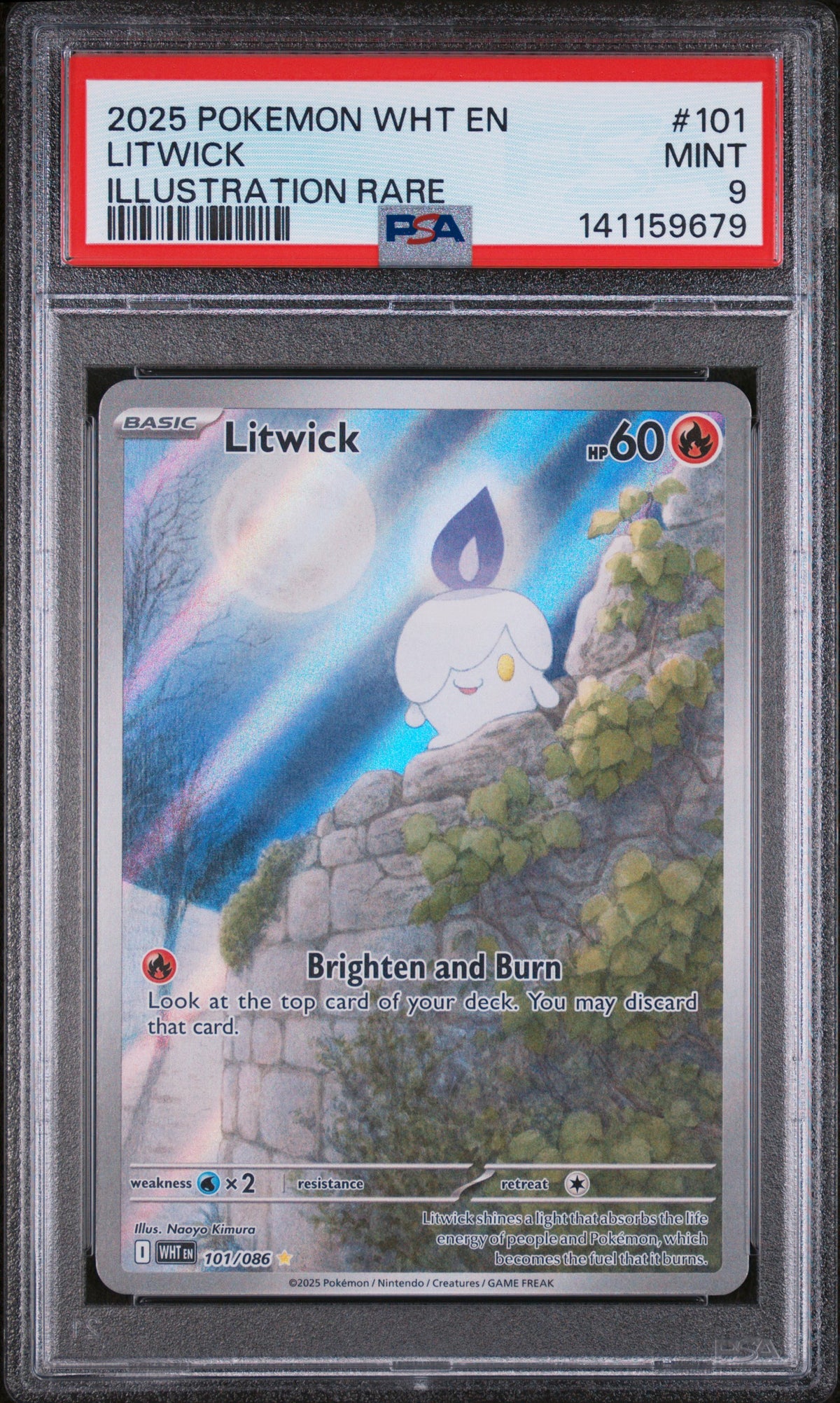 2025 Pokémon White Flare Litwick Illustration Rare #101 — PSA 9 — cert 141159679 — front