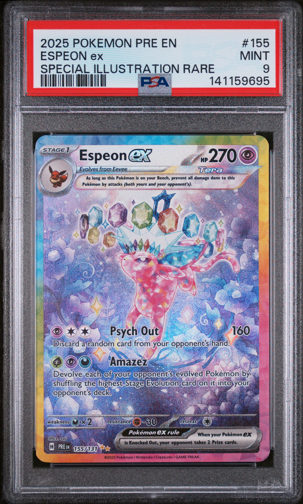 2025 Pokémon Prismatic Evolutions Espeon ex Special Illustration Rare #155 — PSA 9 — cert 141159695 — front