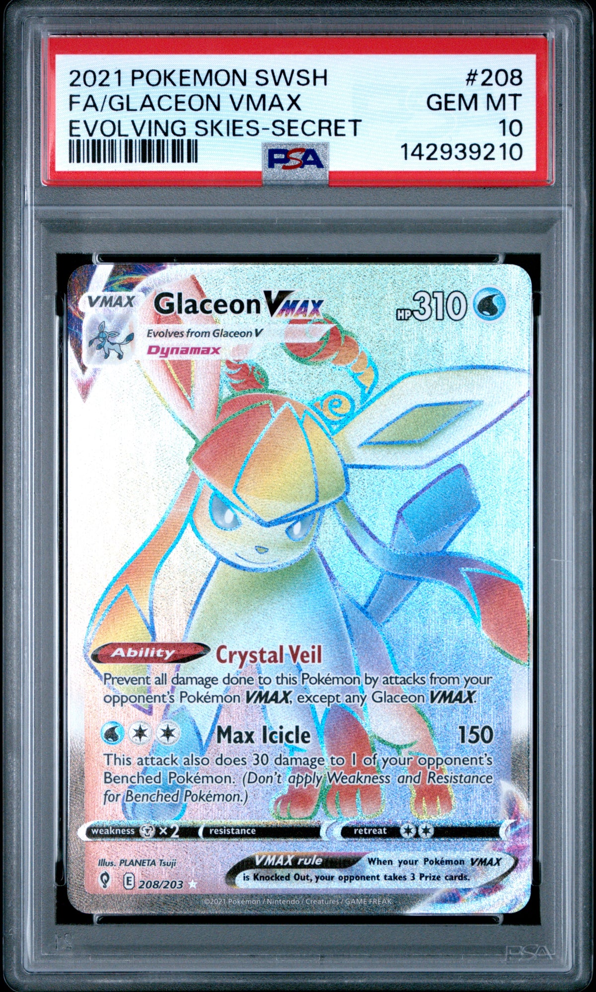 2021 Pokémon Sword & Shield Evolving Skies Full Art / Glaceon VMAX Secret #208 — PSA 10 — cert 142939210 — front