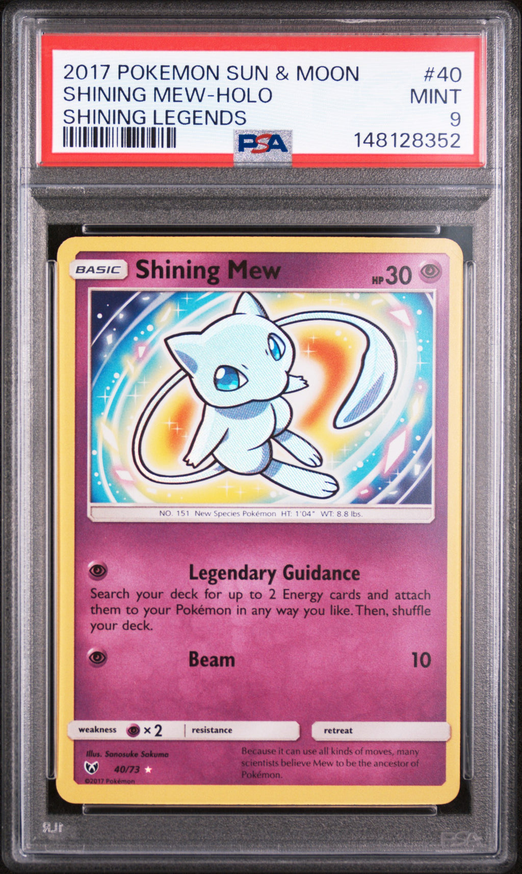 2017 Pokémon Sun & Moon Shining Legends Shining Mew-Holo #40 — PSA 9 — cert 148128352 — front