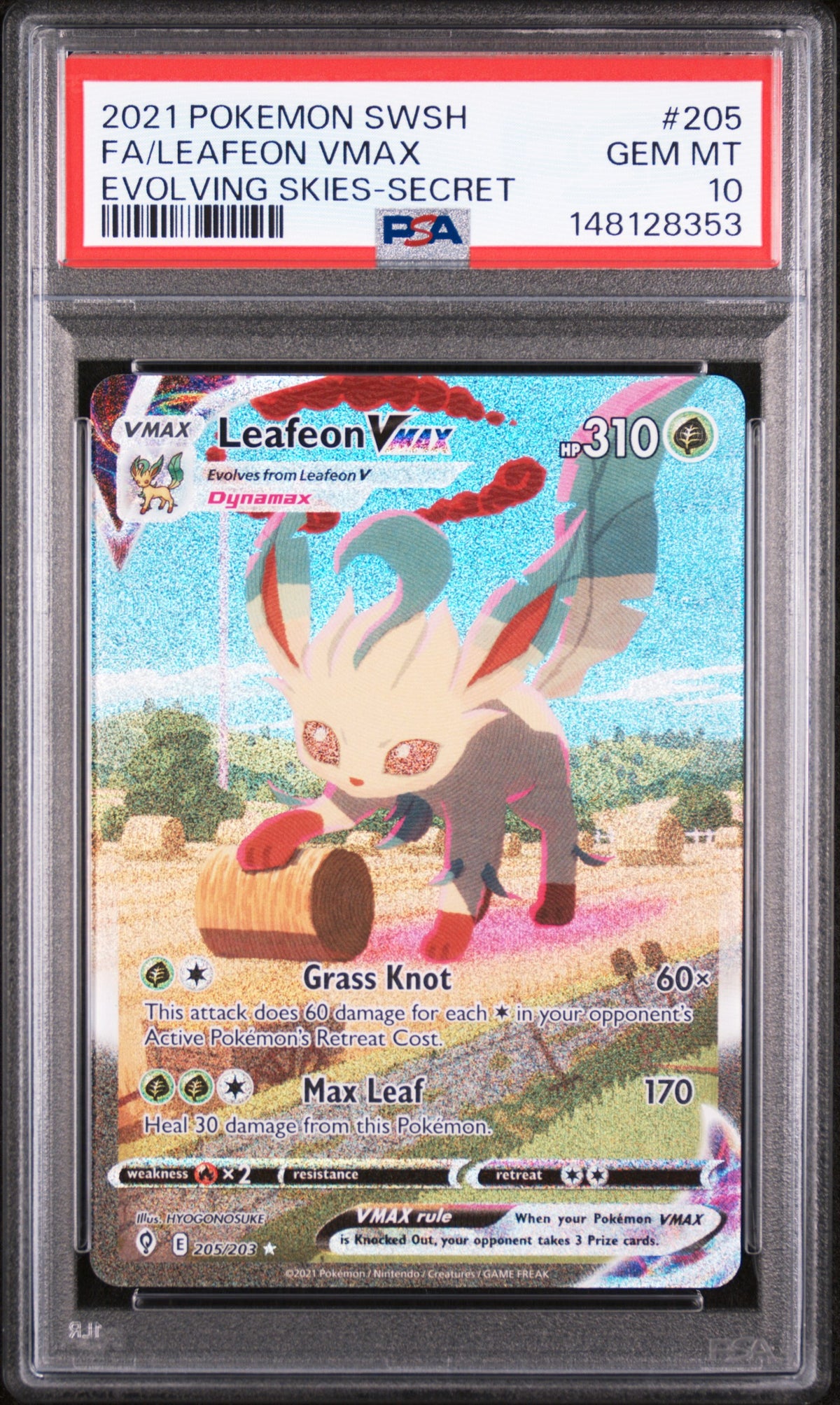 2021 Pokémon Sword & Shield: Evolving Skies Leafeon VMAX Full Art Secret Rare #205 — PSA 10 — cert 148128353 — front