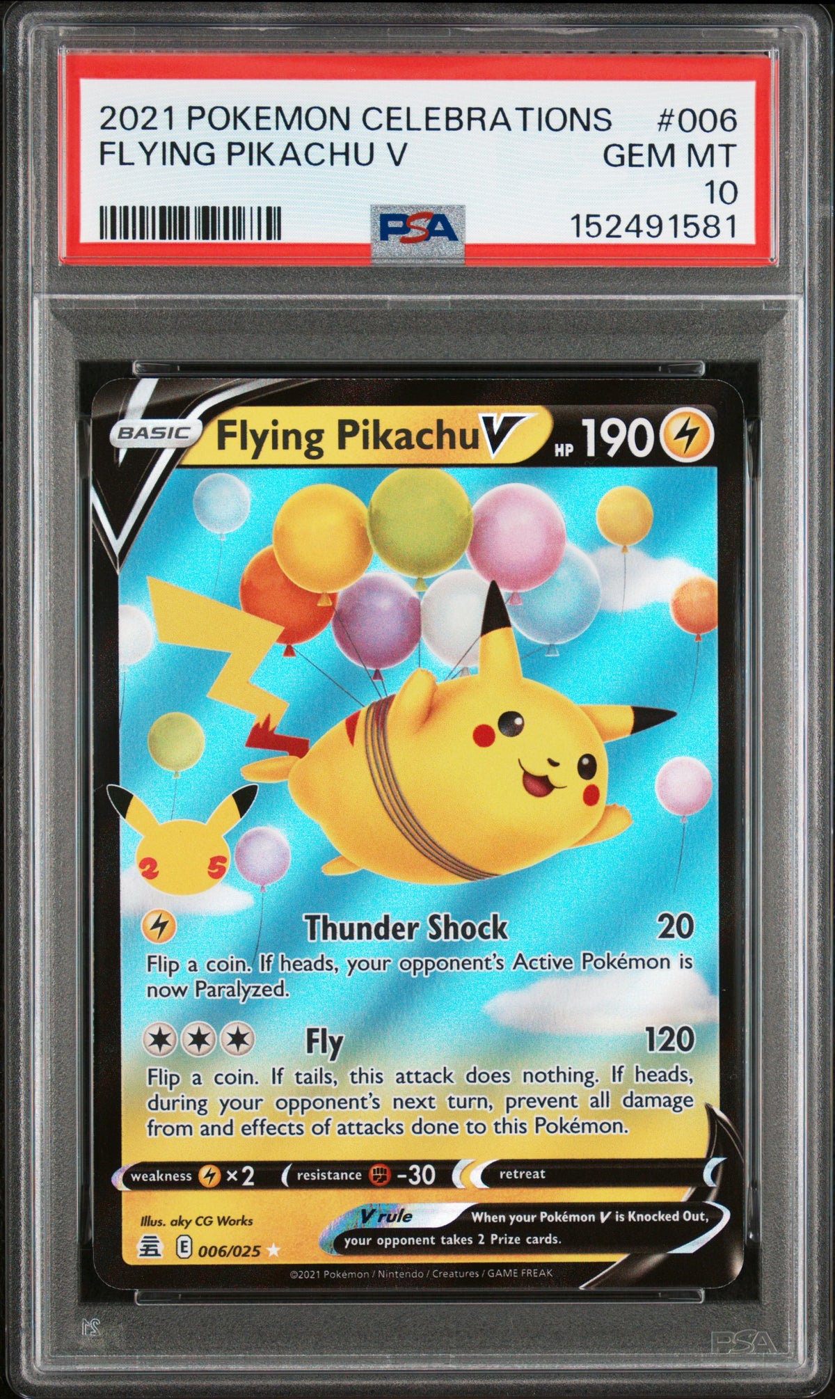 2021 Pokémon Celebrations Flying Pikachu V #006 — PSA 10 — cert 152491581 — front