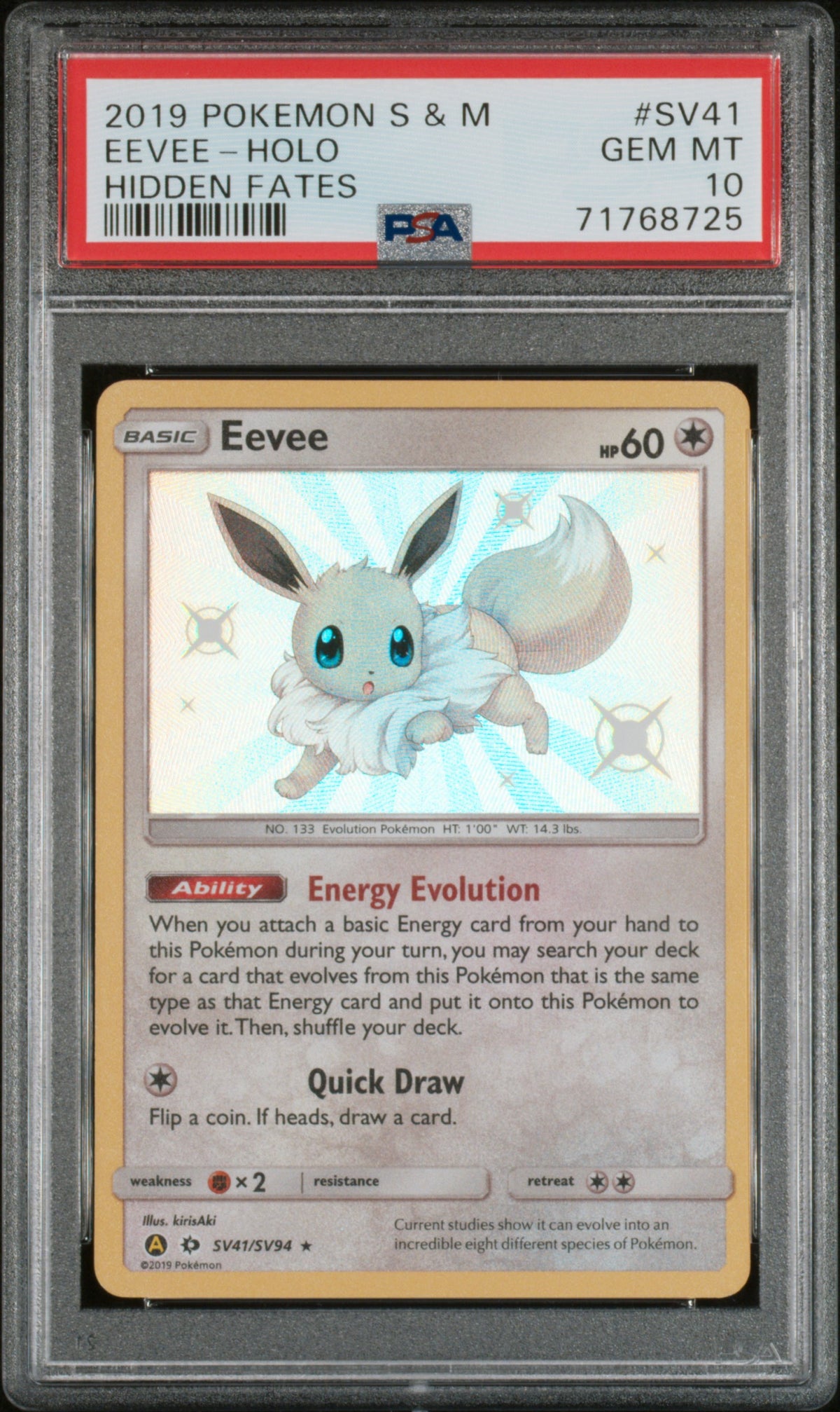 2019 Pokémon Sun & Moon Hidden Fates Eevee-Holo #SV41 — PSA 10 — cert 71768725 — front