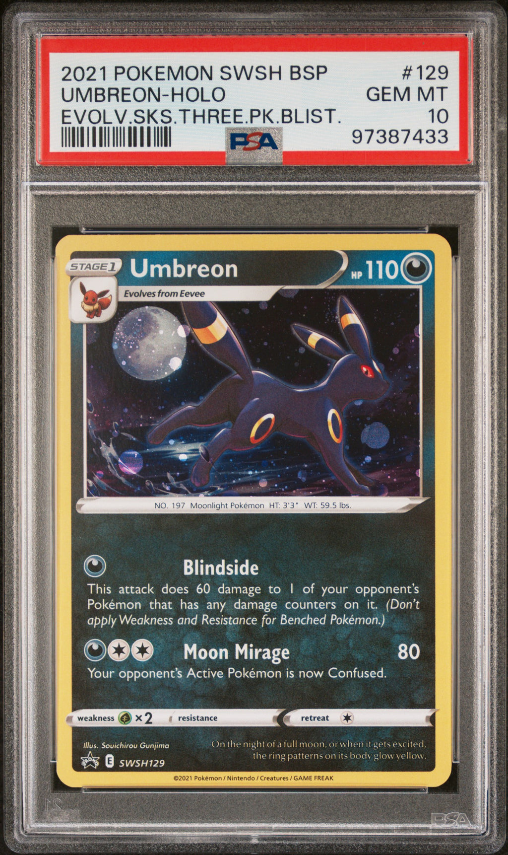 2021 Pokémon SWSH Black Star Promo Umbreon-Holo Evolving Skies Three Pack Blisters #129 — PSA 10 — cert 97387433 — front