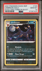 2021 Pokémon SWSH Black Star Promo Umbreon-Holo Evolving Skies Three Pack Blisters #129 — PSA 10 — cert 97387433 — front