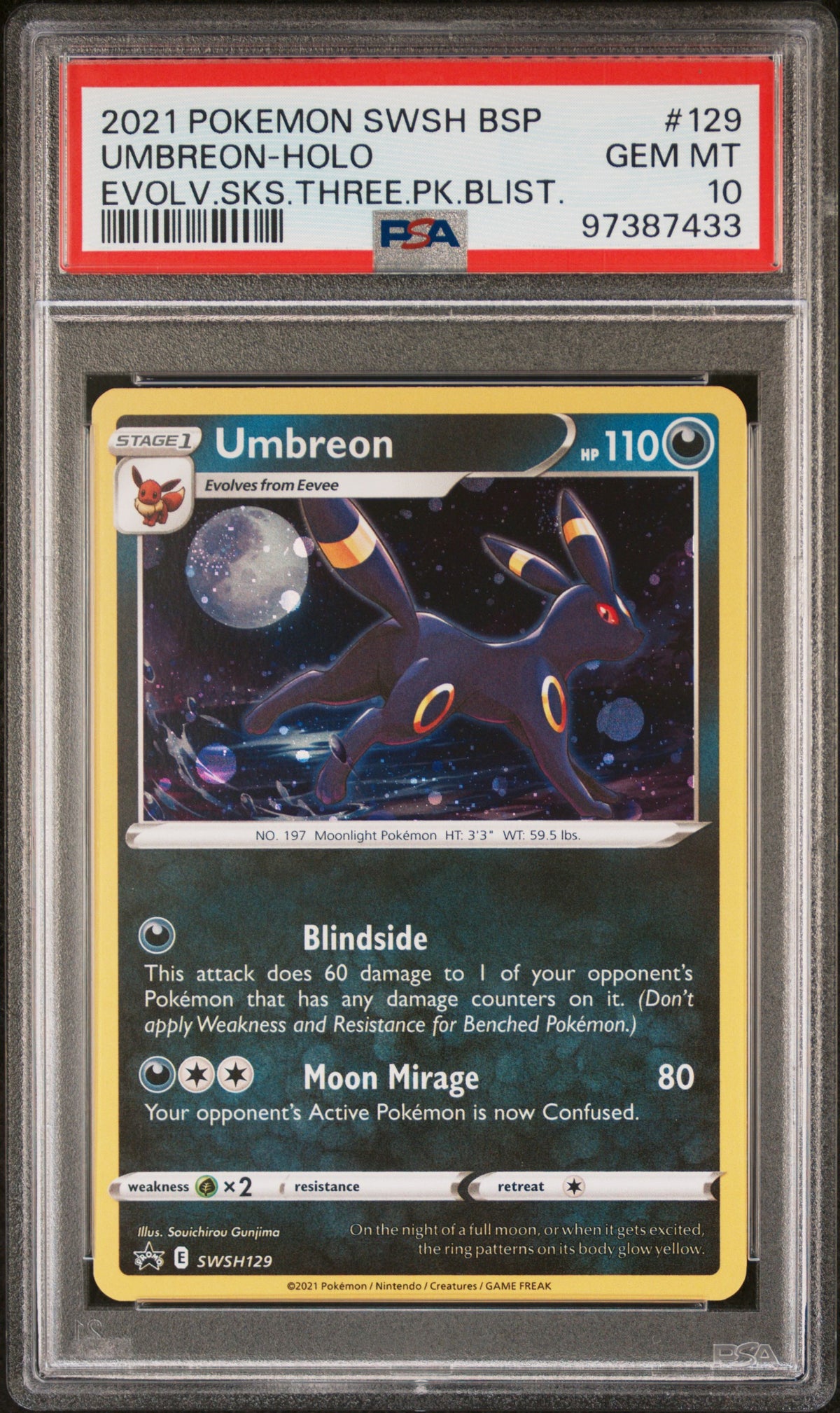 2021 Pokémon SWSH Black Star Promo Umbreon-Holo Evolving Skies Three Pack Blisters #129 — PSA 10 — cert 97387433 — front