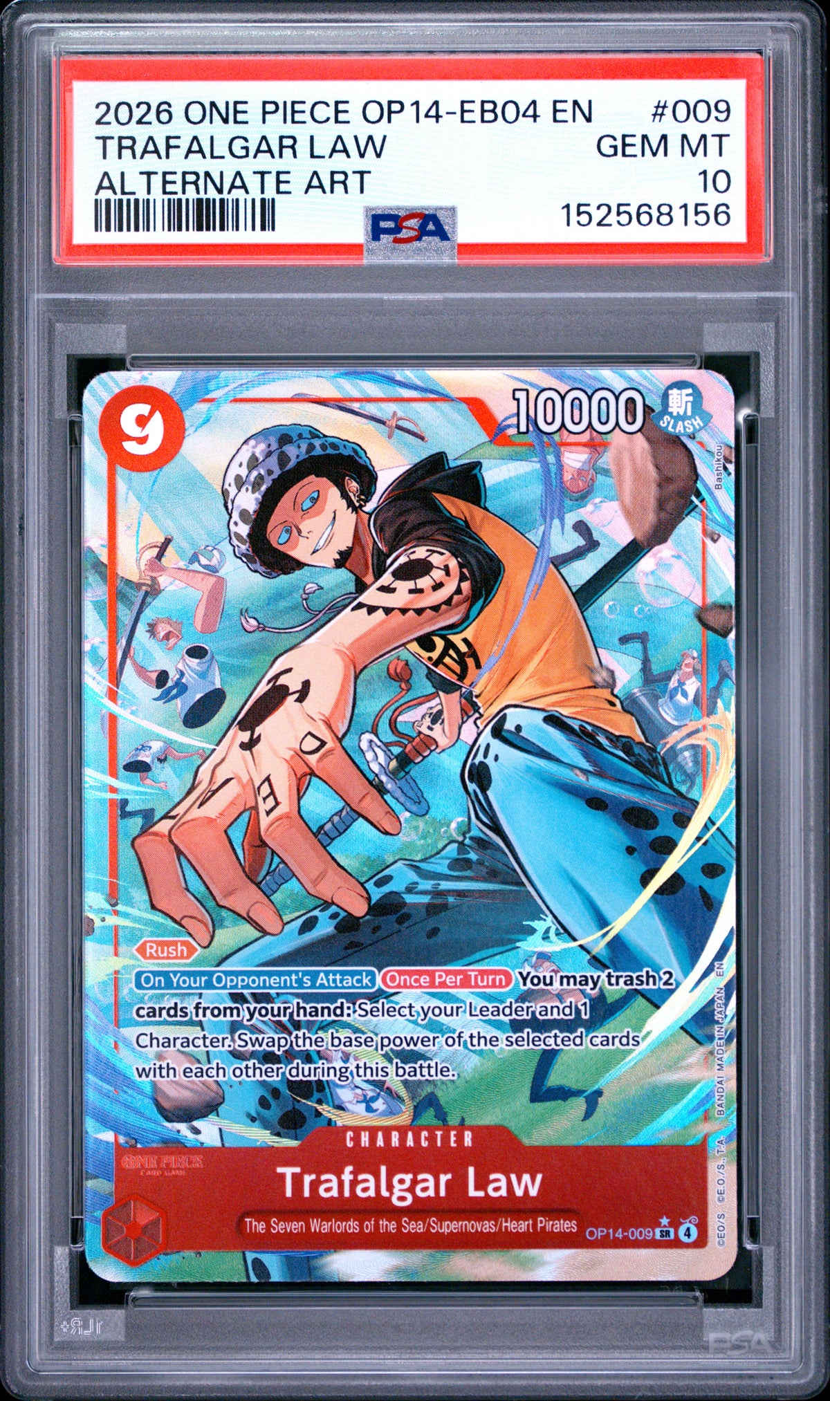 2026 One Piece Op14-Eb04-The Azure Sea's Seven Trafalgar Law Alternate Art #009 PSA 10 — PSA 152568156 — front