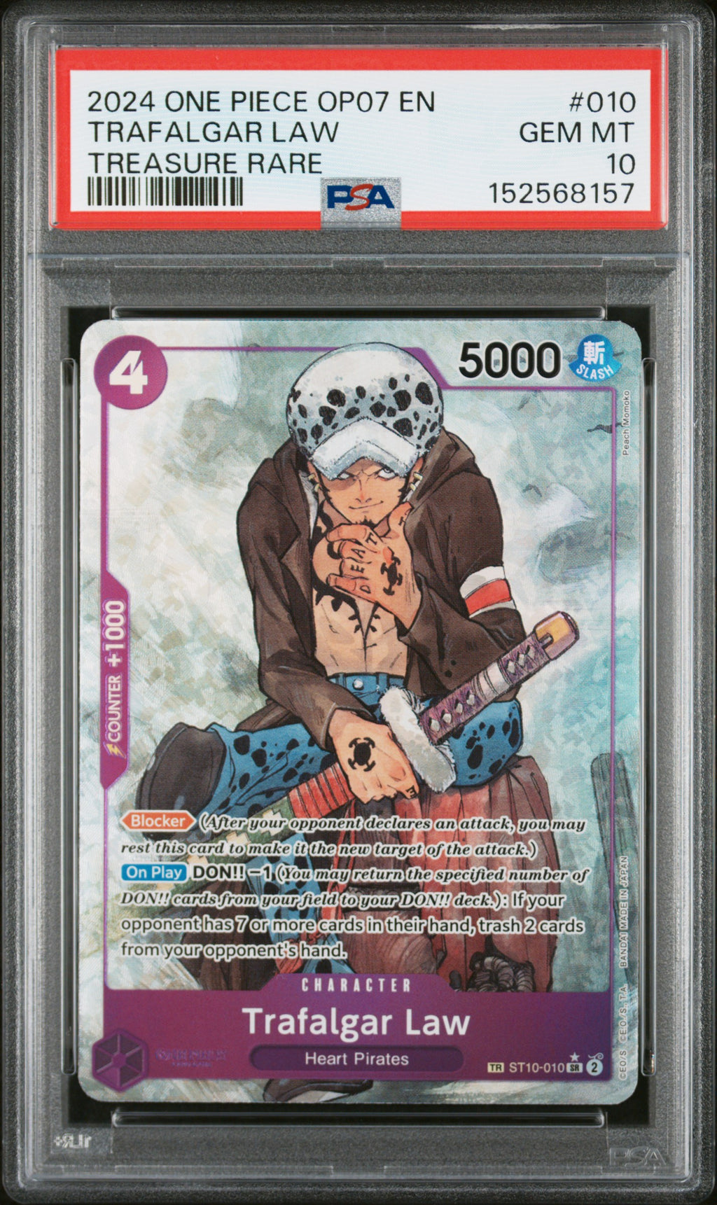 2024 One Piece Op07-500 Years in the Future Trafalgar Law Treasure Rare #010 PSA 10 — PSA 152568157 — front