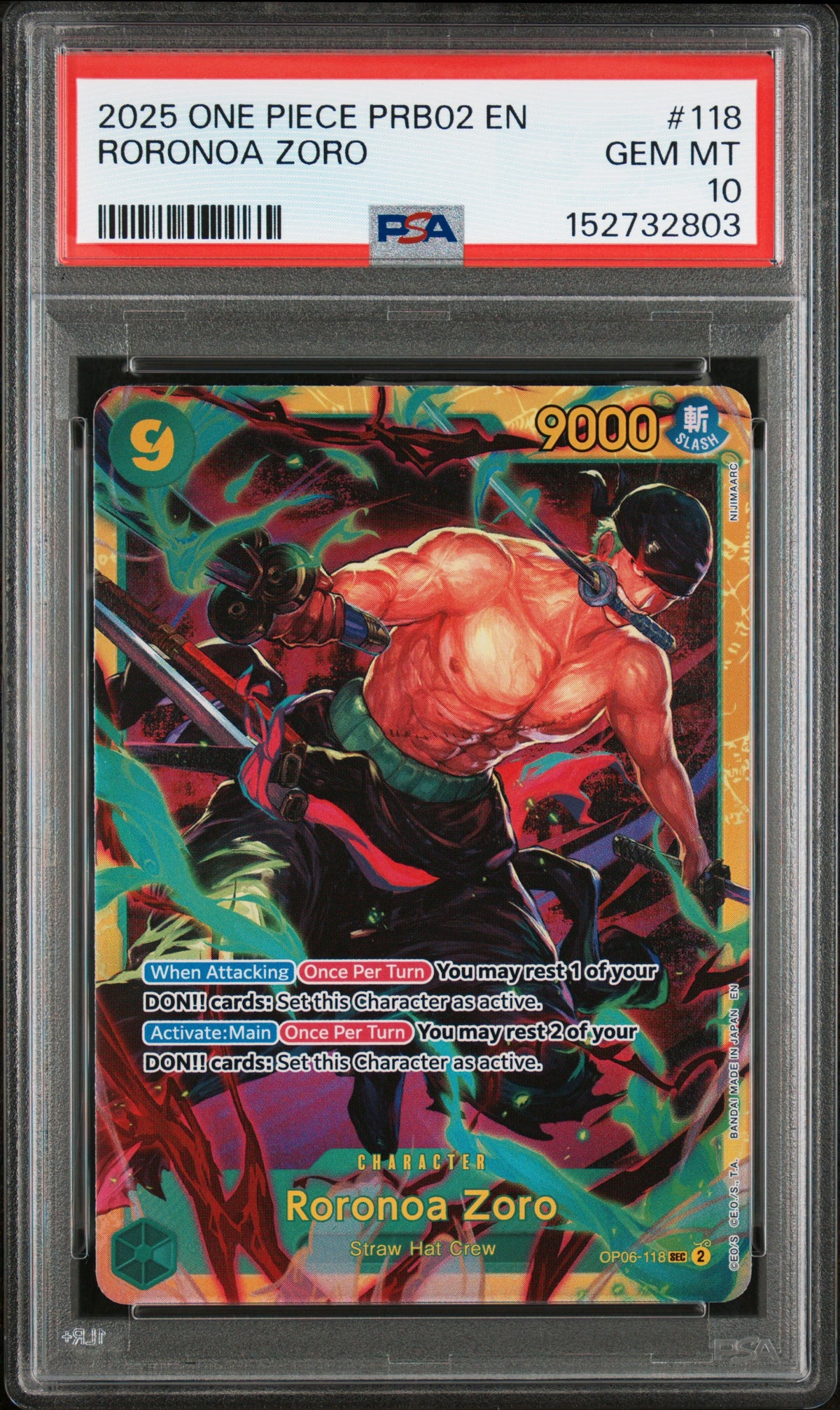 2025 One Piece Prb02-Premium Booster -One Piece Card the Best- Vol.2 Roronoa Zoro #118 PSA 10 — PSA 152732803 — front