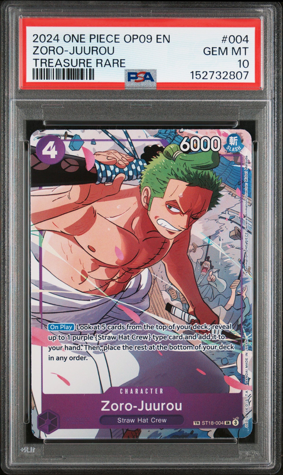 2024 One Piece Op09-Emperors in the New World Zoro-Juurou Treasure Rare #004 PSA 10 — PSA 152732807 — front