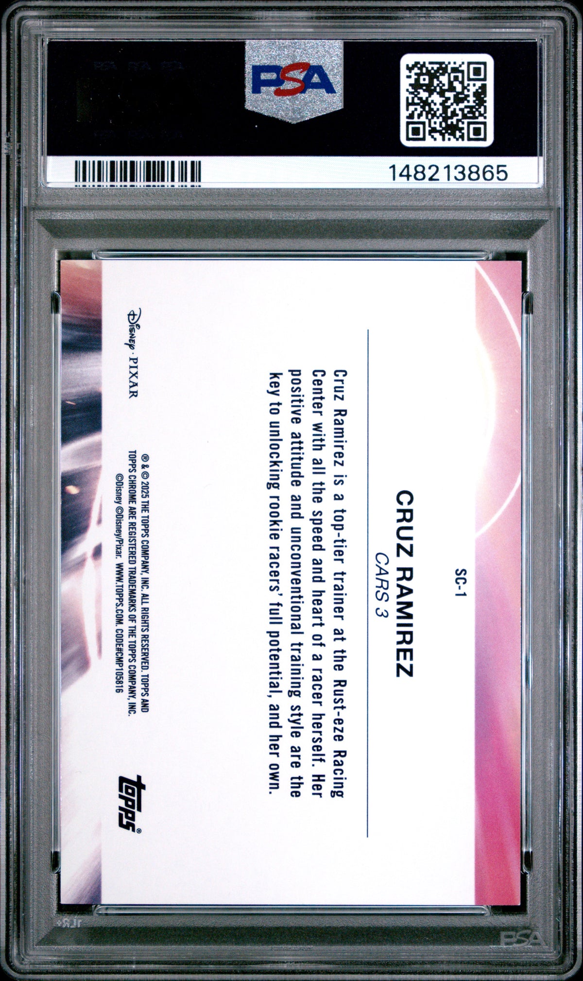 2025 Topps Chrome Disney Scorched Cruz Ramirez Black Refractor #1 – PSA 9 — PSA cert 148213865 — back