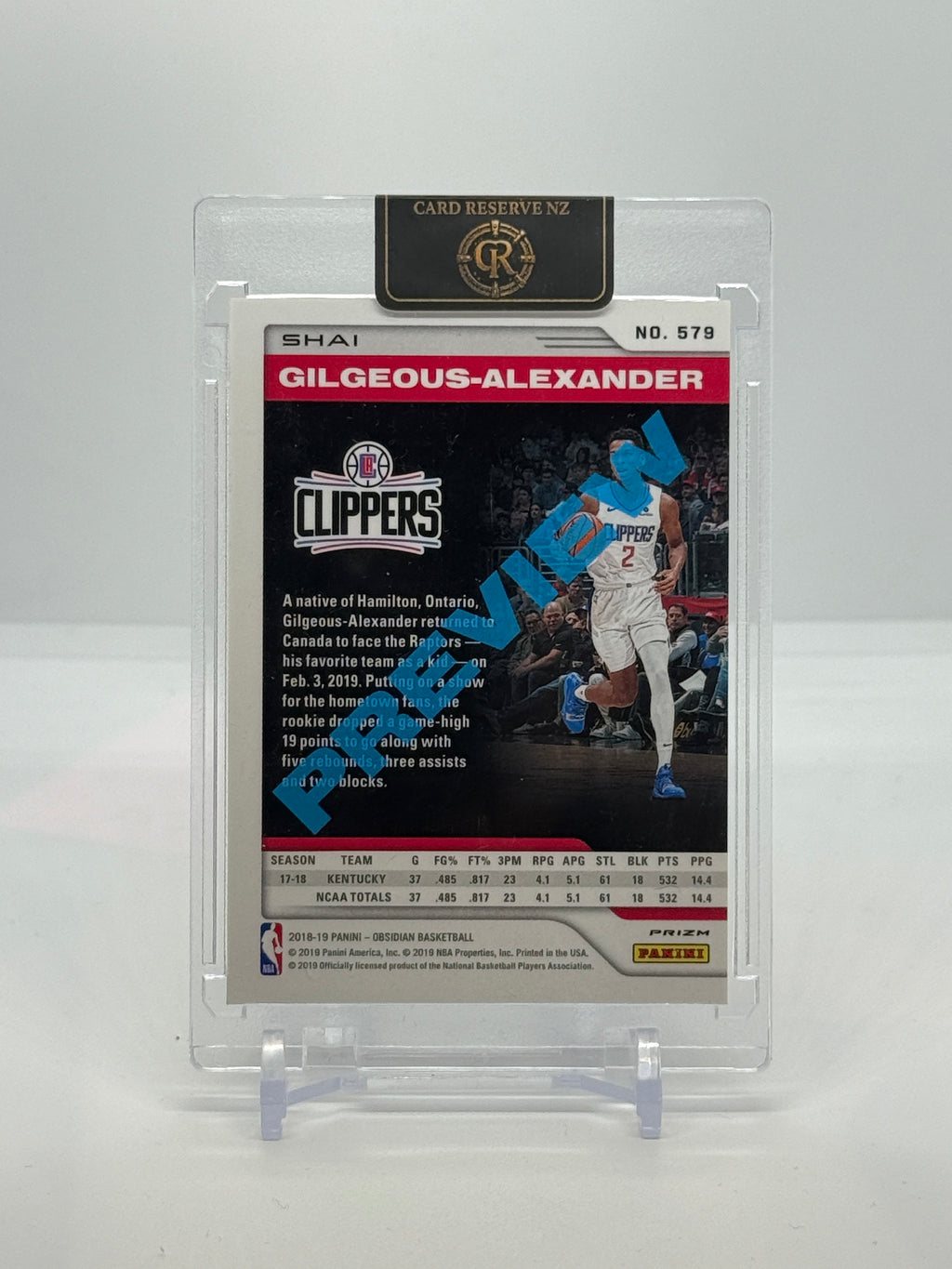 Back of 2018-19 Panini Obsidian Preview Shai Gilgeous-Alexander rookie #579