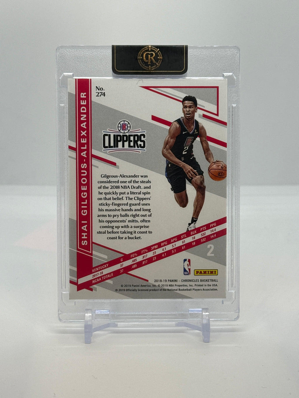 Back of 2018-19 Panini Chronicles Elite Shai Gilgeous-Alexander rookie card #274