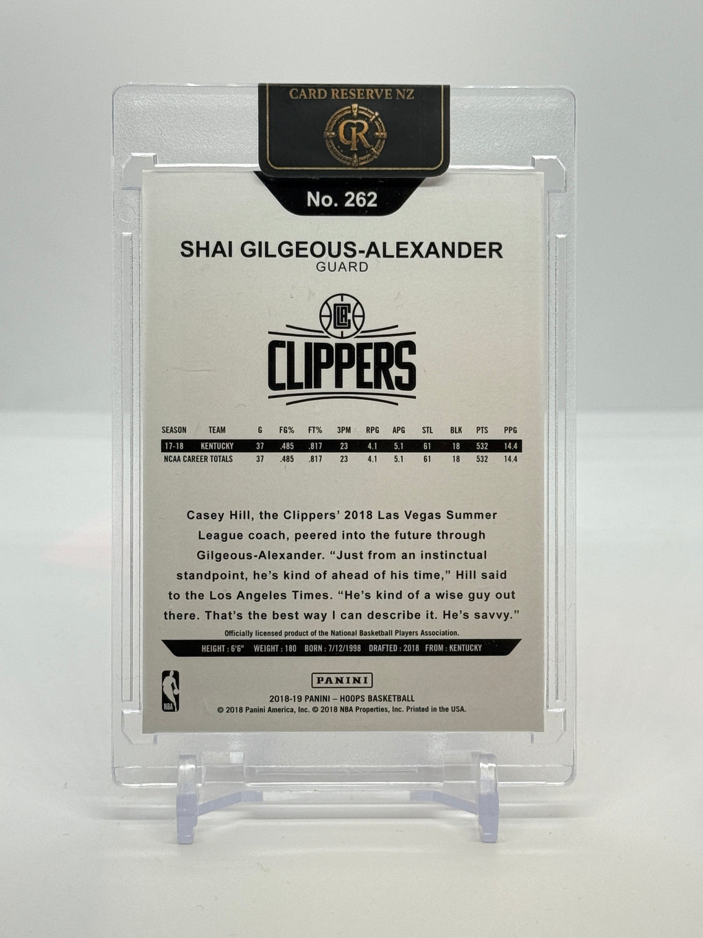 Back of Shai Gilgeous-Alexander 2018-19 NBA Hoops Rookie #262 raw card