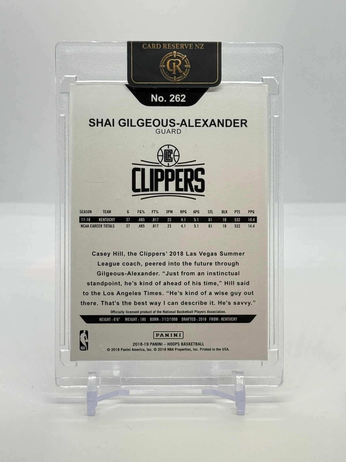 Back of Shai Gilgeous-Alexander 2018-19 NBA Hoops Rookie #262 raw card