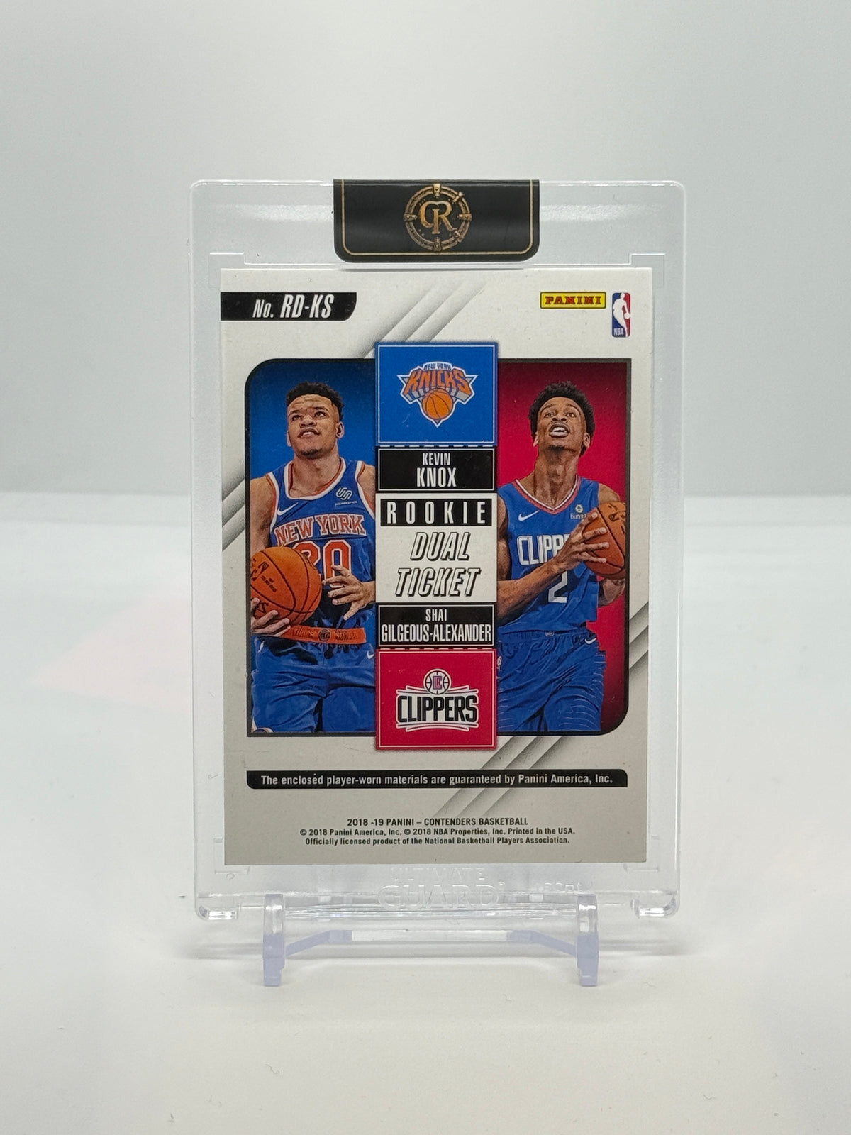 Back of 2018-19 Panini Contenders Shai Gilgeous-Alexander and Kevin Knox Rookie Dual Ticket #RD-KS