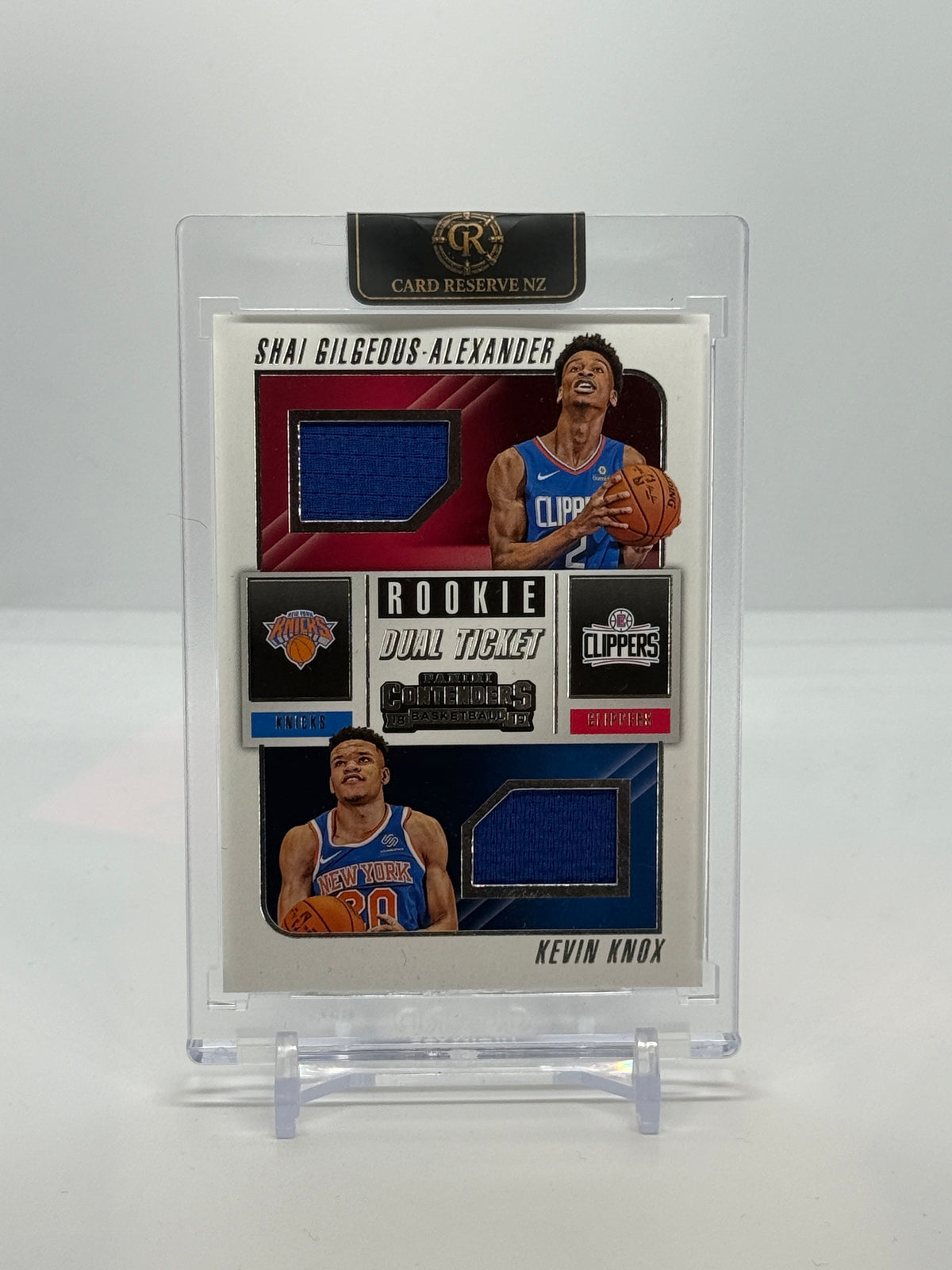 Front of 2018-19 Panini Contenders Shai Gilgeous-Alexander and Kevin Knox Rookie Dual Ticket #RD-KS