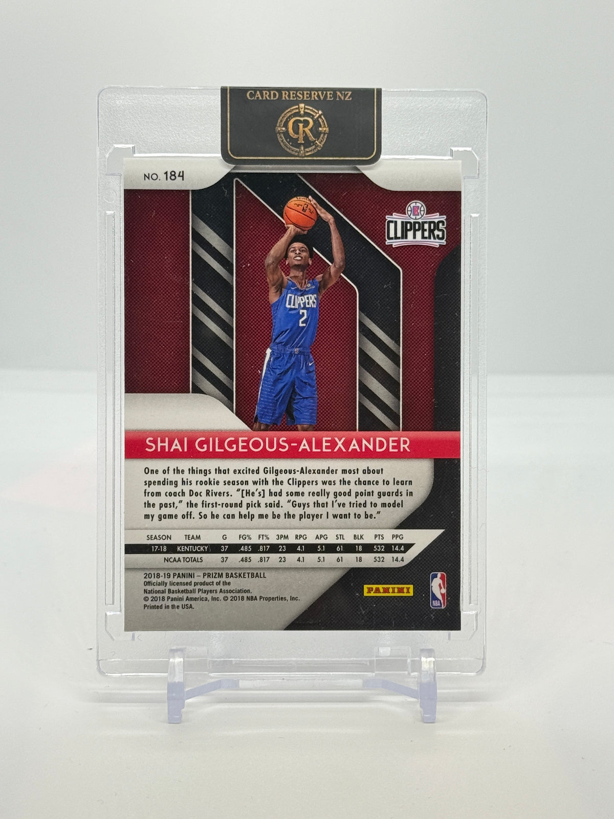 Back of Shai Gilgeous-Alexander 2018-19 Prizm Rookie #184 raw card