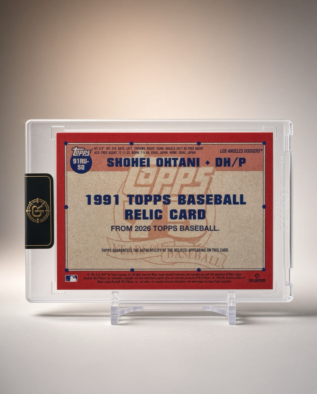 Back of Shohei Ohtani 2026 Topps 1991 Baseball Relic Blue #91RU-SO showing Dodgers details and Topps relic authenticity statement