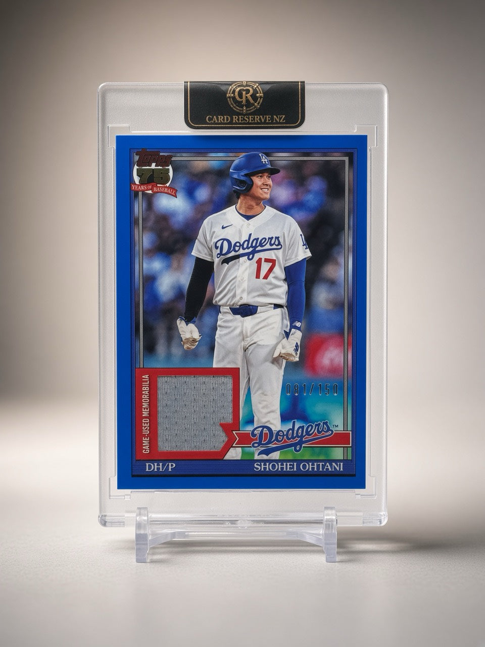 Front of Shohei Ohtani 2026 Topps 1991 Baseball Relic Blue #91RU-SO, game-used memorabilia, numbered 081/150