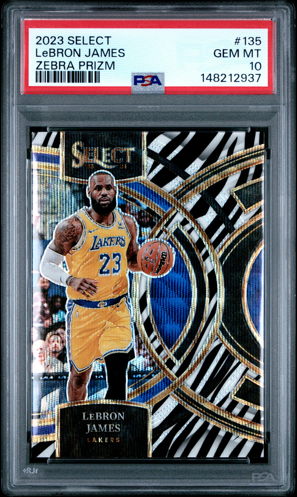 2023 Panini Select LeBron James Zebra Prizm #135 – PSA 10 — PSA cert 148212937 — front